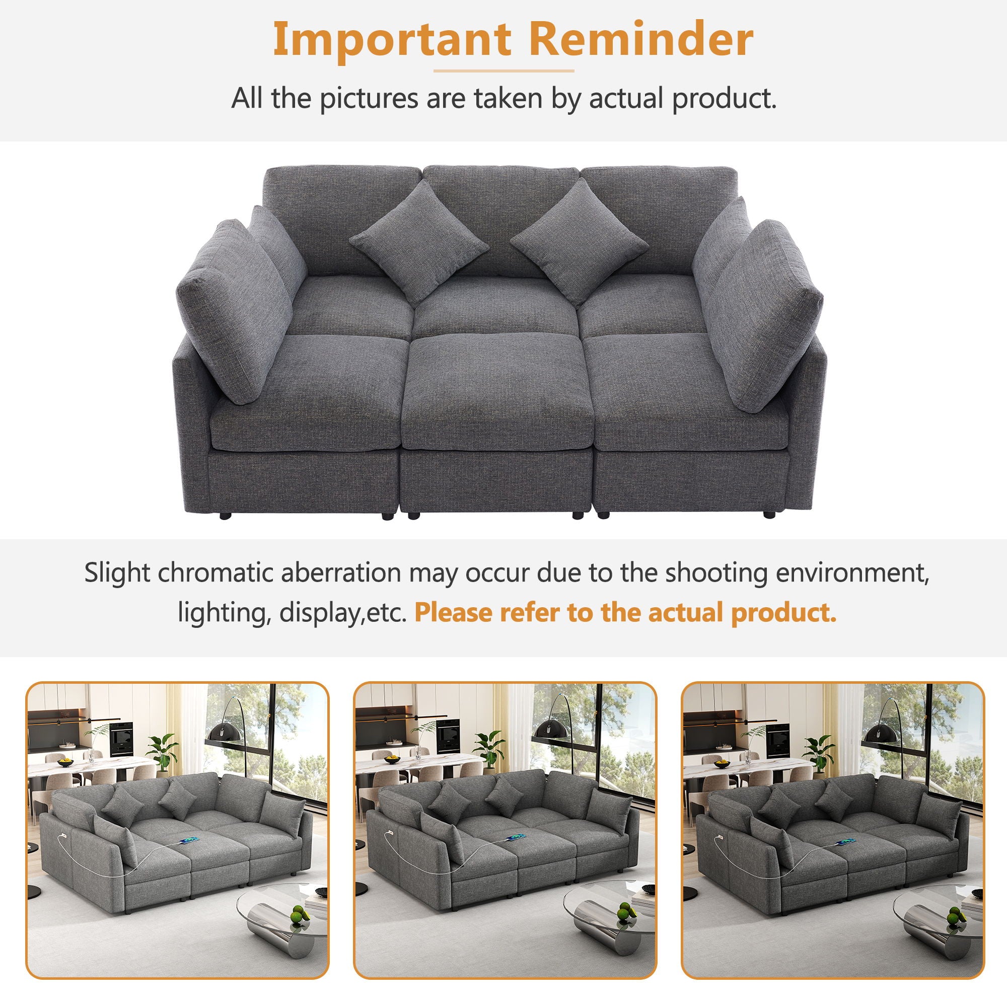 Sectional Sofa Modular Sofa U - Shaped Sofa Couch Sofa Bed L - Shaped Sofa With A Movable Ottoman And Two USB Ports For Living Room