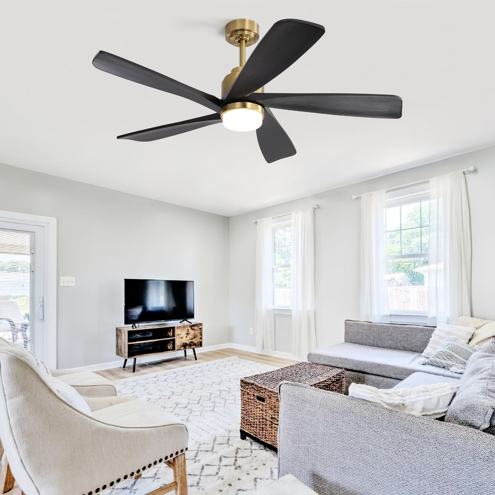 Modern Ceiling Fan With Dimmable Led Light 5 Solid Wood Blades Smart Remote Control Reversible Dc Motor Ceiling Fan - Gold