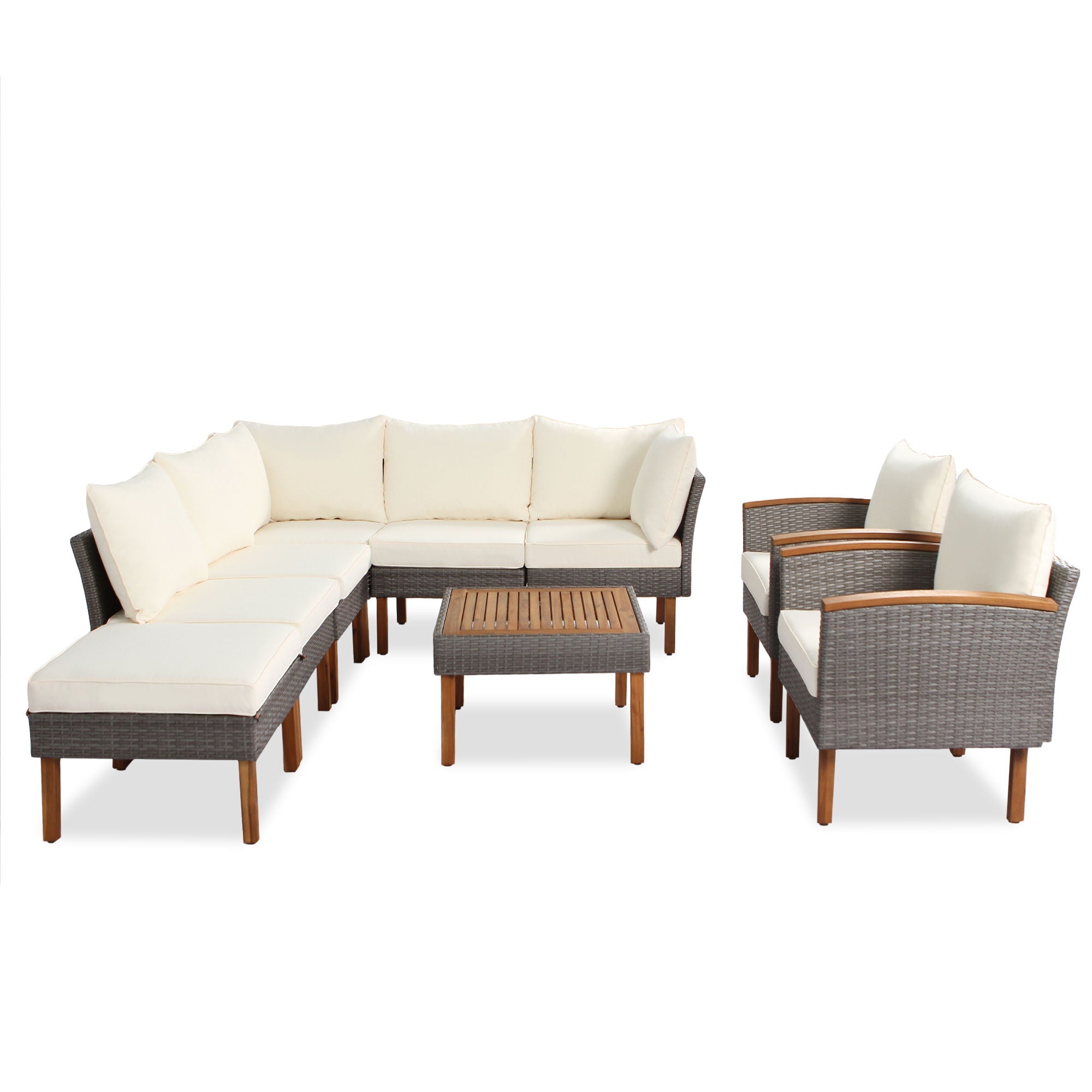 9 Piece Patio Rattan Furniture Set, Outdoor Conversation Set With Acacia Wood Legs And Tabletop, PE Rattan Sectional Sofa Set With Coffee Table, Washable Cushion