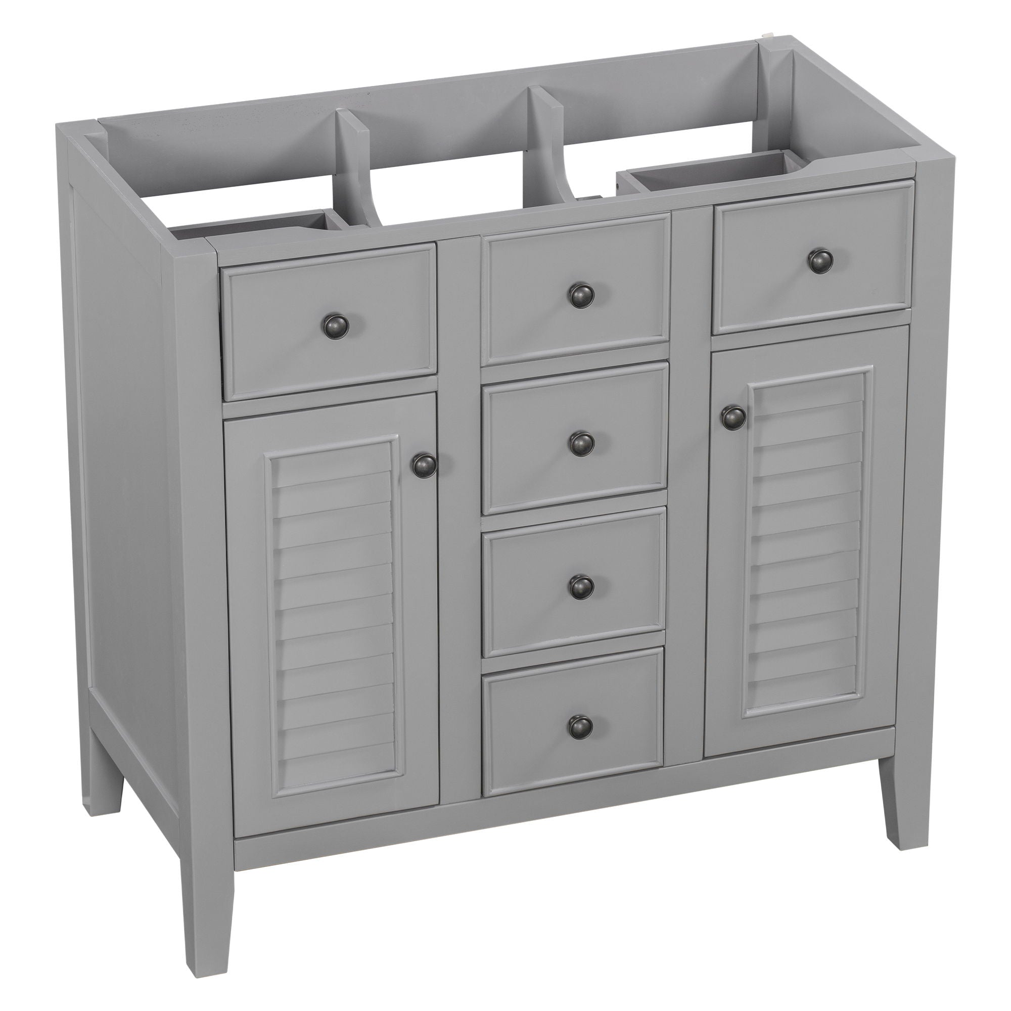 Bathroom Vanity Without Sink, Cabinet Base Only, Two Cabinets And Five Drawers, Solid Wood Frame - Gray