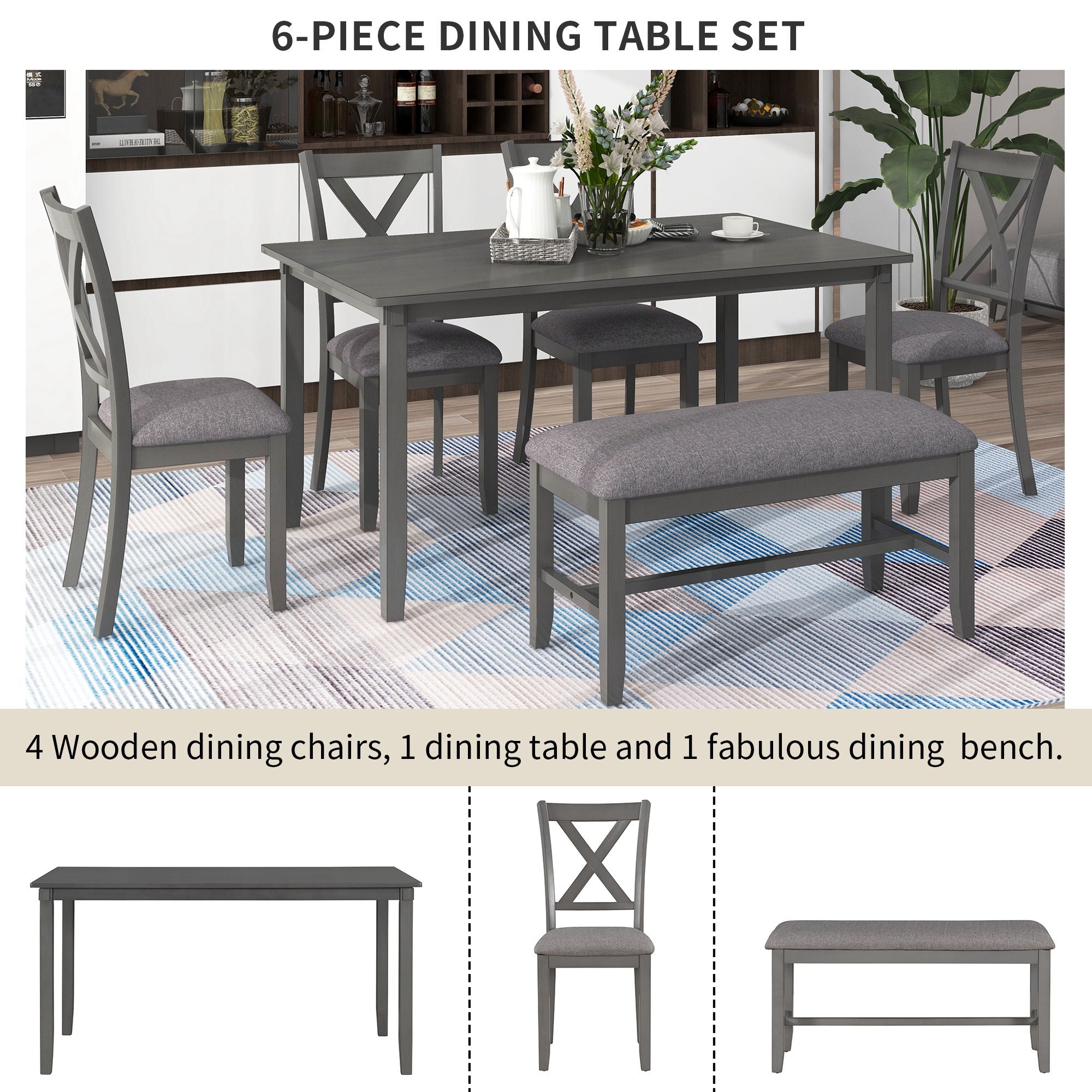 Kitchen Dining Table Set Wooden Rectangular Dining Table, 4 Chairs And Bench Family Furniture