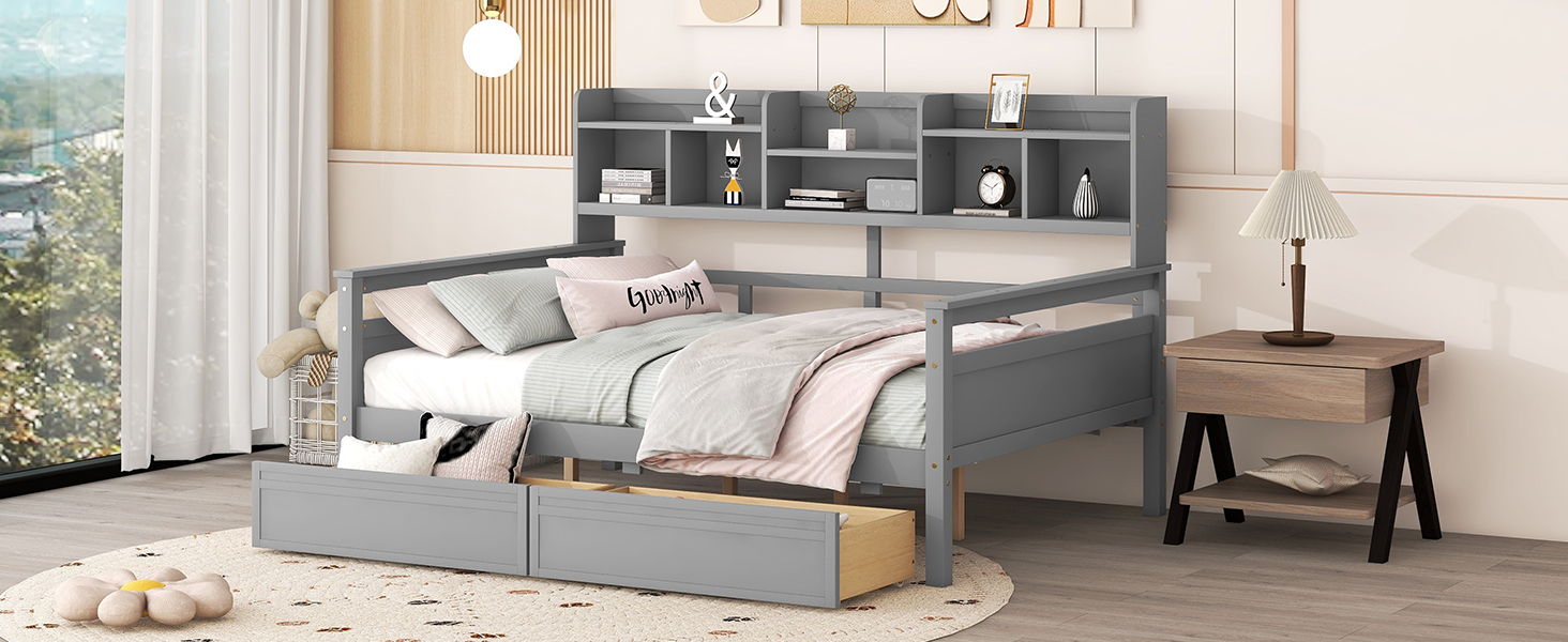 Daybed, Wood Slat Support, With Bedside Shelf And Two Drawers