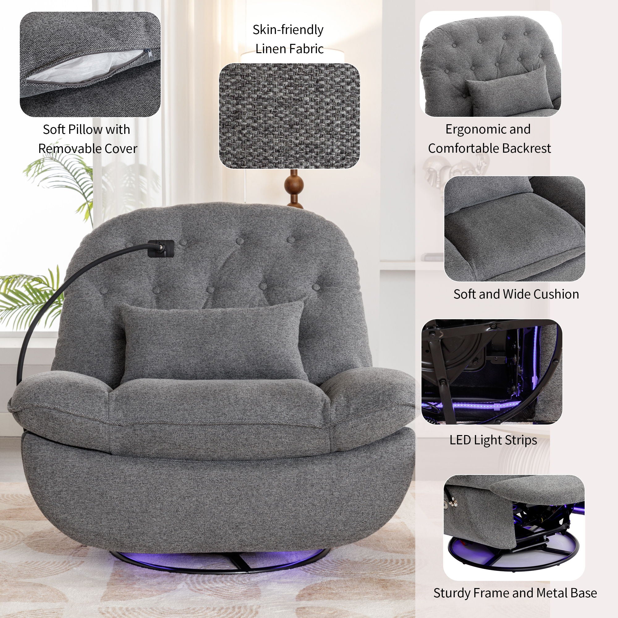 270° Swivel Power Recliner With Voice Control - Bluetooth Music Player, USB Ports, Atmosphere Lamp, Hidden Arm Storage And Mobile Phone Holder For Living Room, Bedroom, Apartment