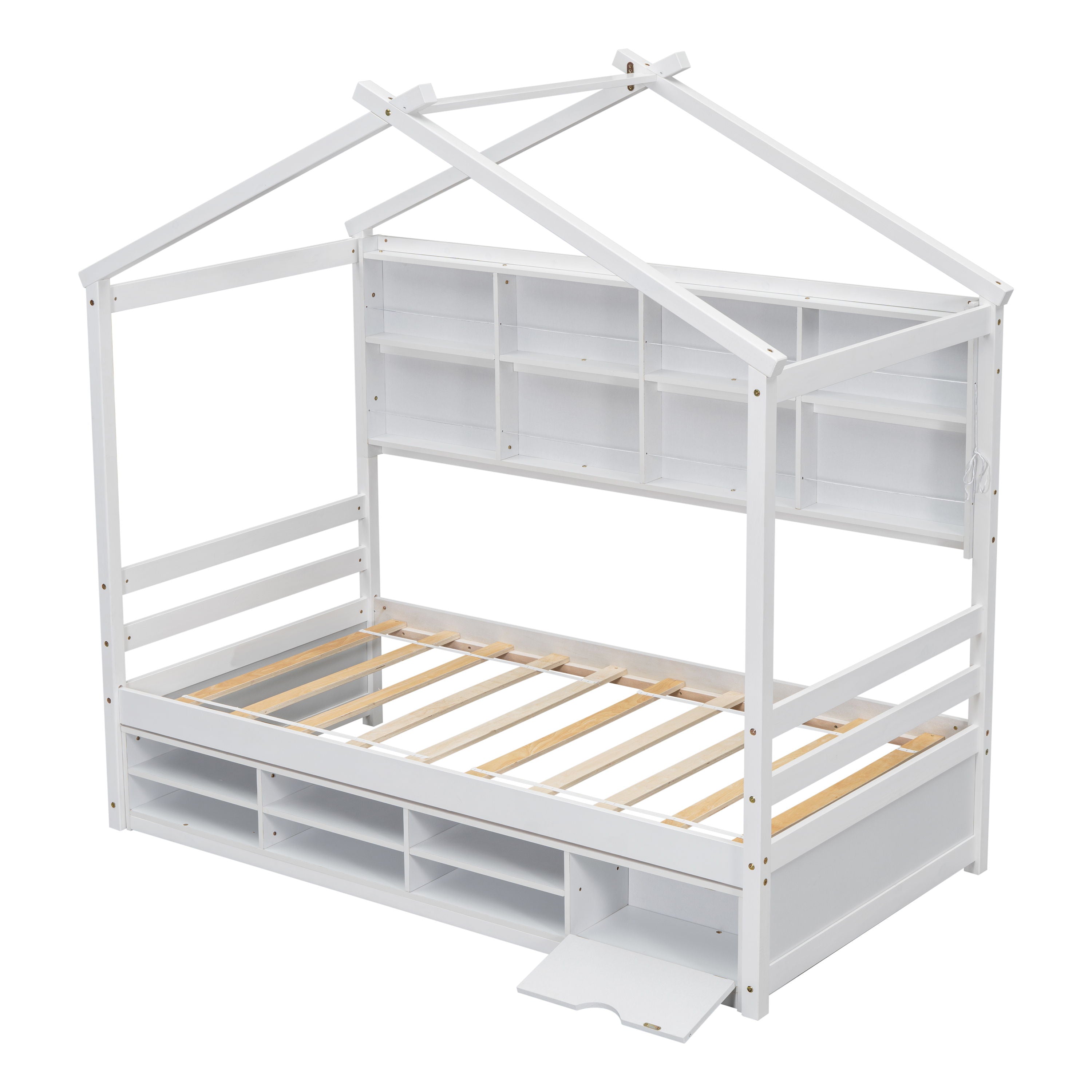 House Bed With Roof Frame, Bedside-Shelves, Under Bed Storage Unit