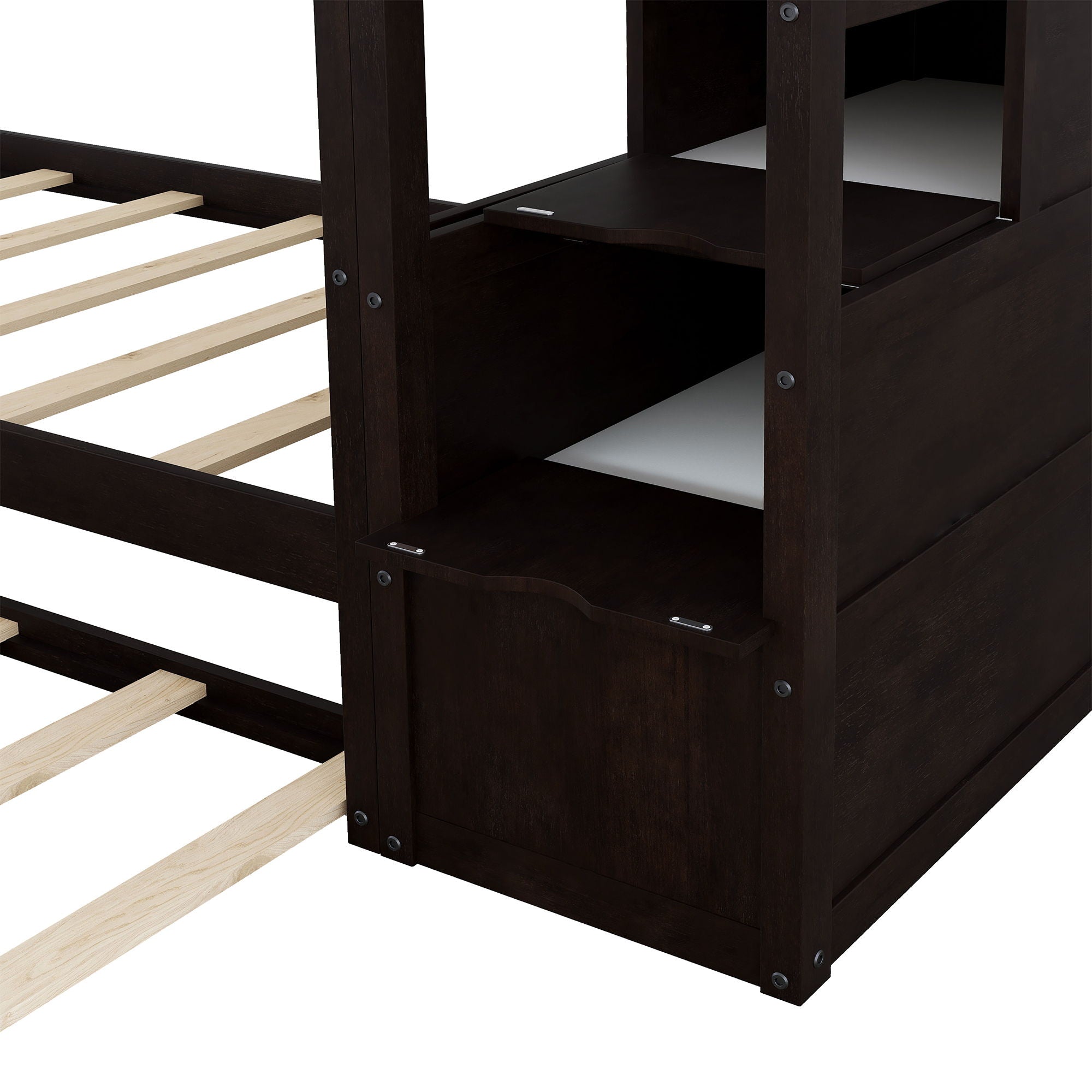 Twin Over Twin Bunk Bed With Twin Size Trundle And 3 Storage Stairs - Espresso