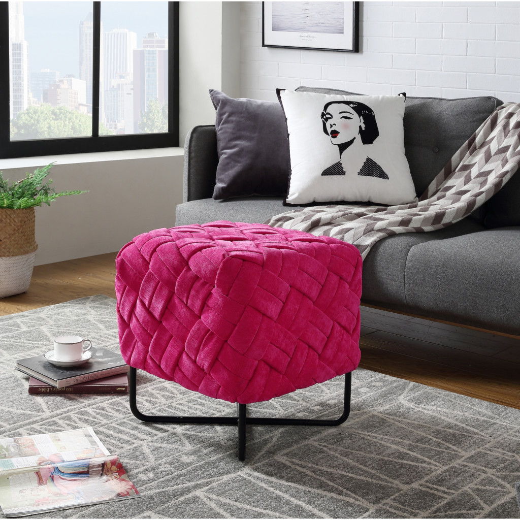 Velvet Cube Ottoman - Fuchsia / Black