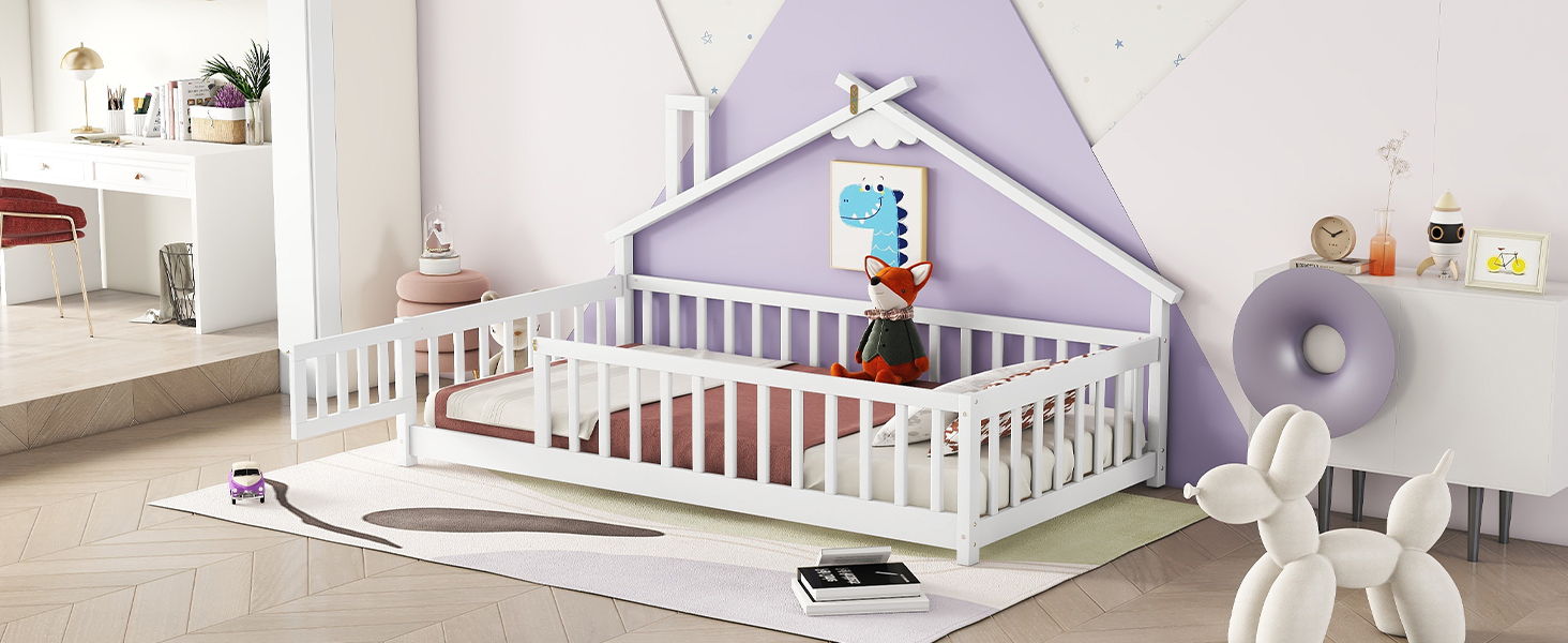 House-Shaped Bedside Floor Bed With Guardrails, Slats, With Door