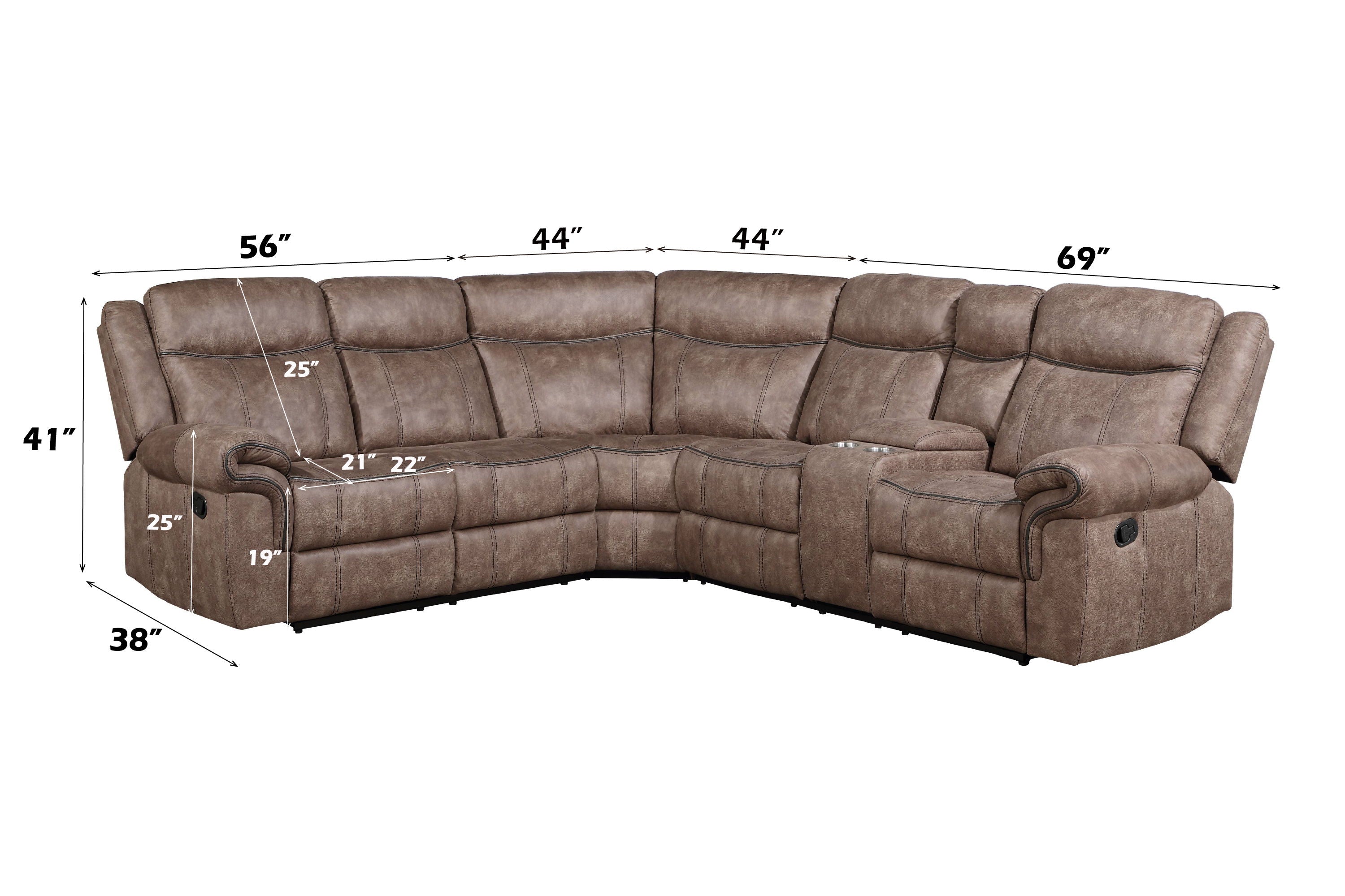 Dollum - Two Tone Nubuck Manual Recliner Sectional Sofa With USB Port Cupholder Console