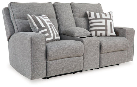 Biscoe - Pewter - Power Reclining Loveseat With Console /Adj Headrest by Signature Design by Ashley® | Bel Furniture