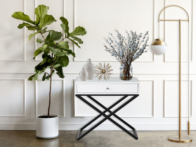 Koda - Wooden End Side Table Nightstand With Glass Top, Drawer And Metal Cross Base by Lilola Home | Bel Furniture