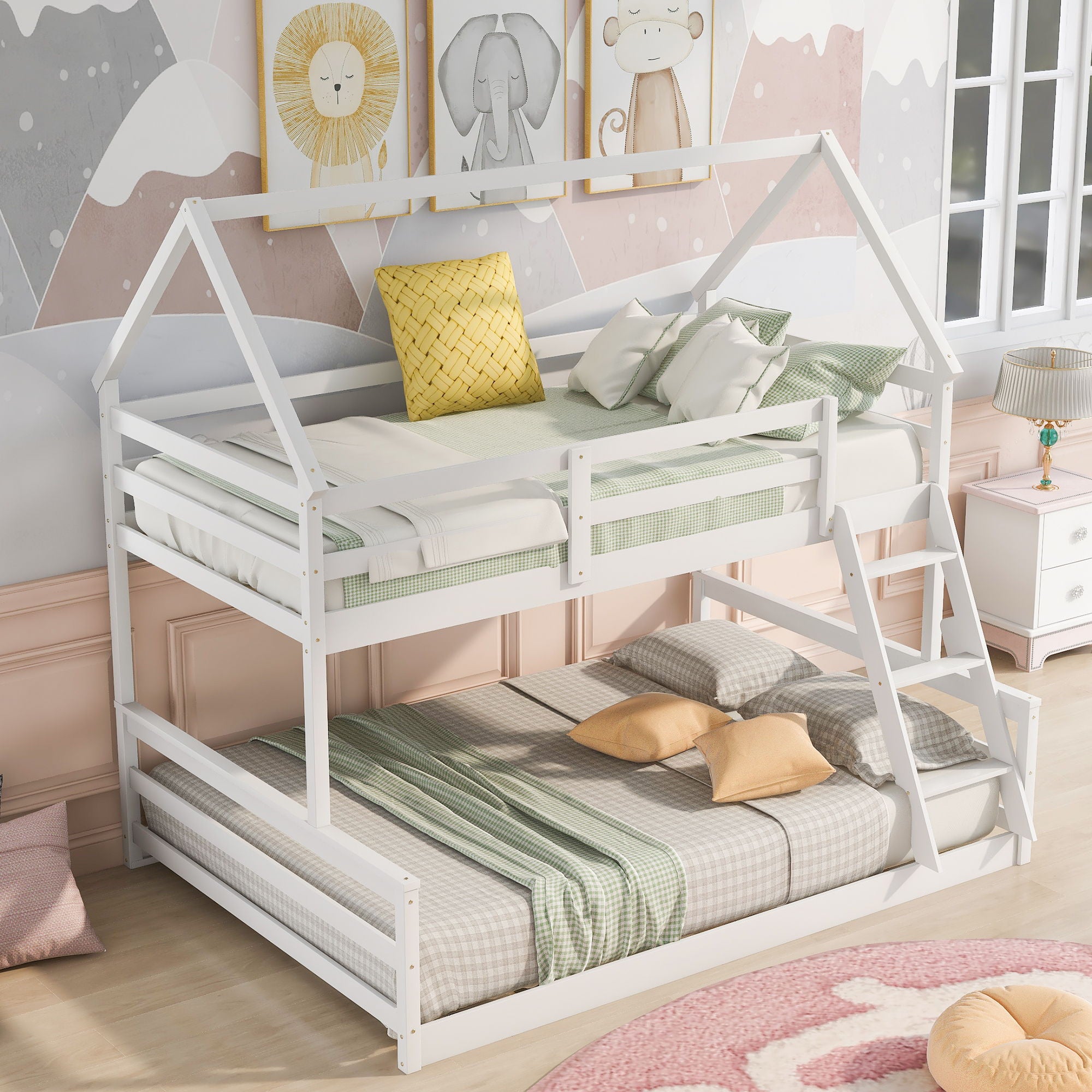 Twin Over Full House Bunk Bed With Built-In Ladder