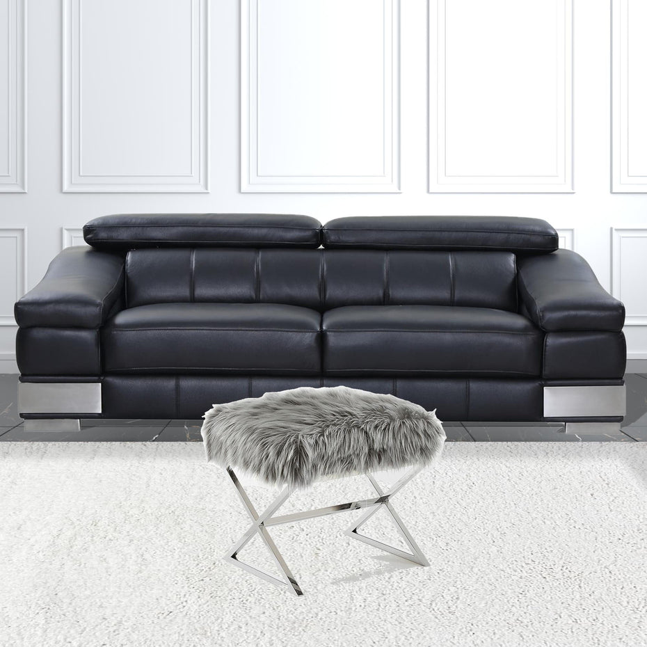 Faux Fur Ottoman - Gray / Silver