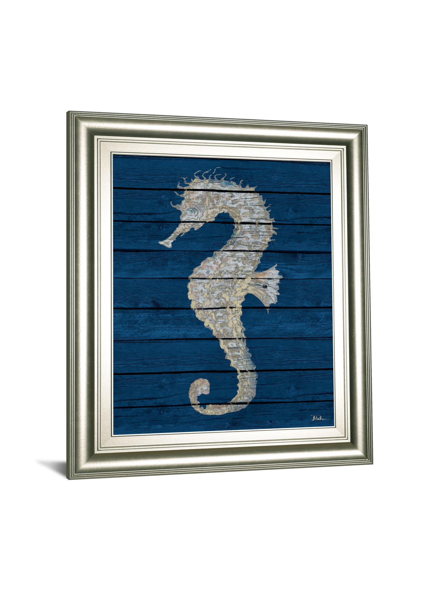 Antique Seahorse On Blue Il By Patricia Pinto - Framed Print Wall Art - Blue