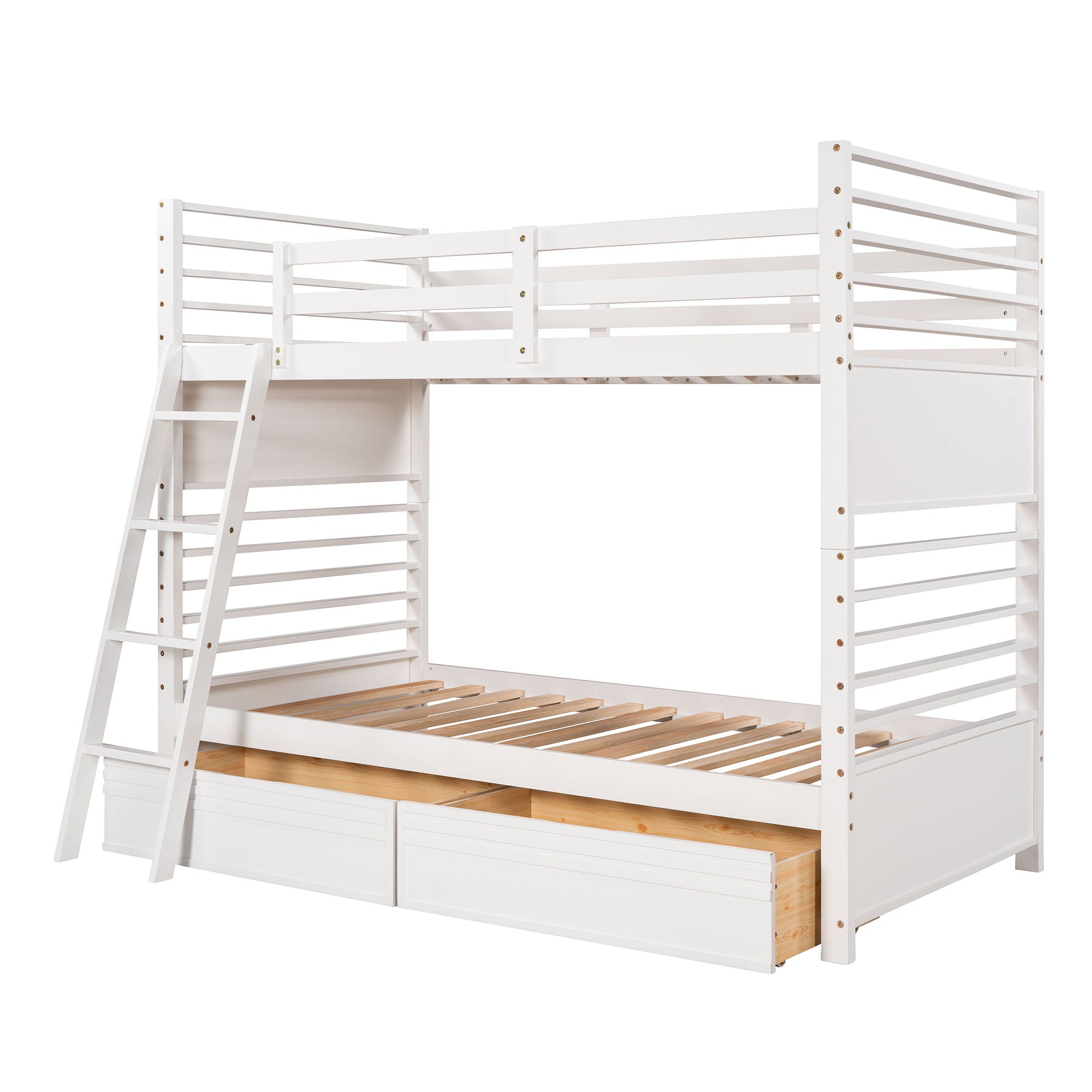 Twin Over Twin Wood Bunk Bed With Two Drawers - White