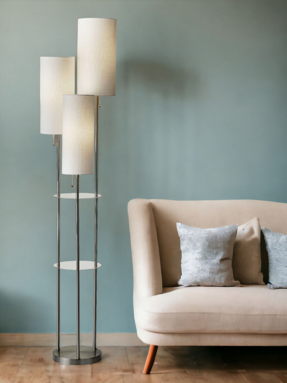 Steel Three Light Floor Lamp With Linen Cylinder Shades - White