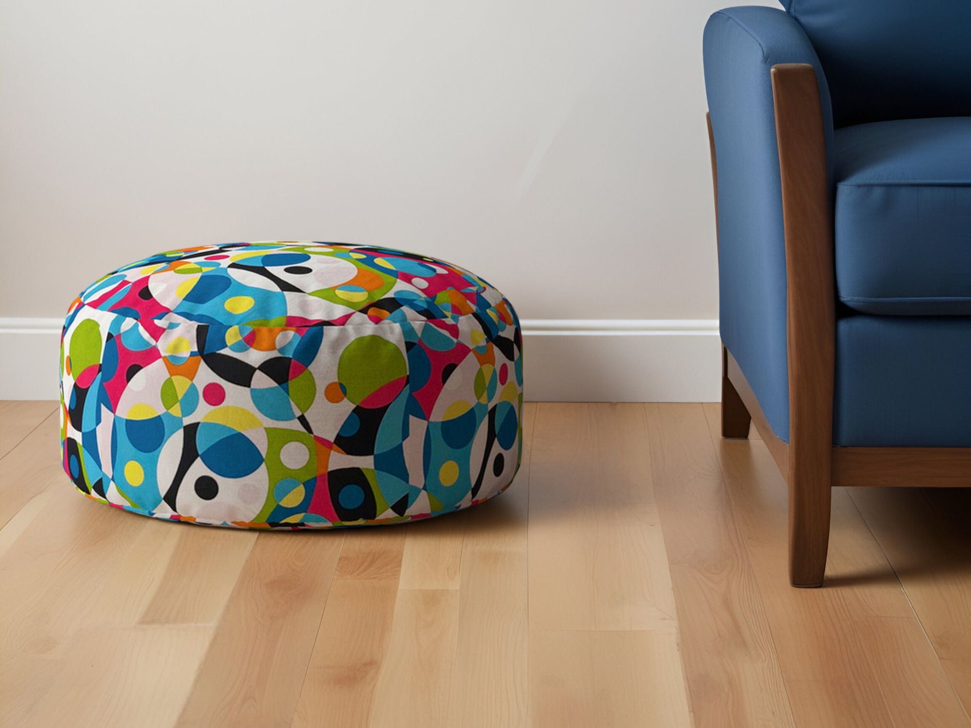 Cotton Round Patchwork Pouf Ottoman - Green / White