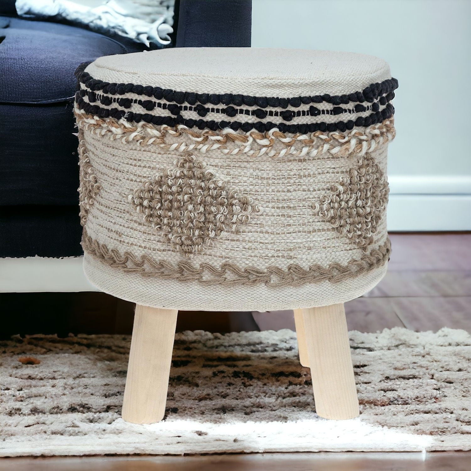 Jute Round Abstract Ottoman - Beige / Brown