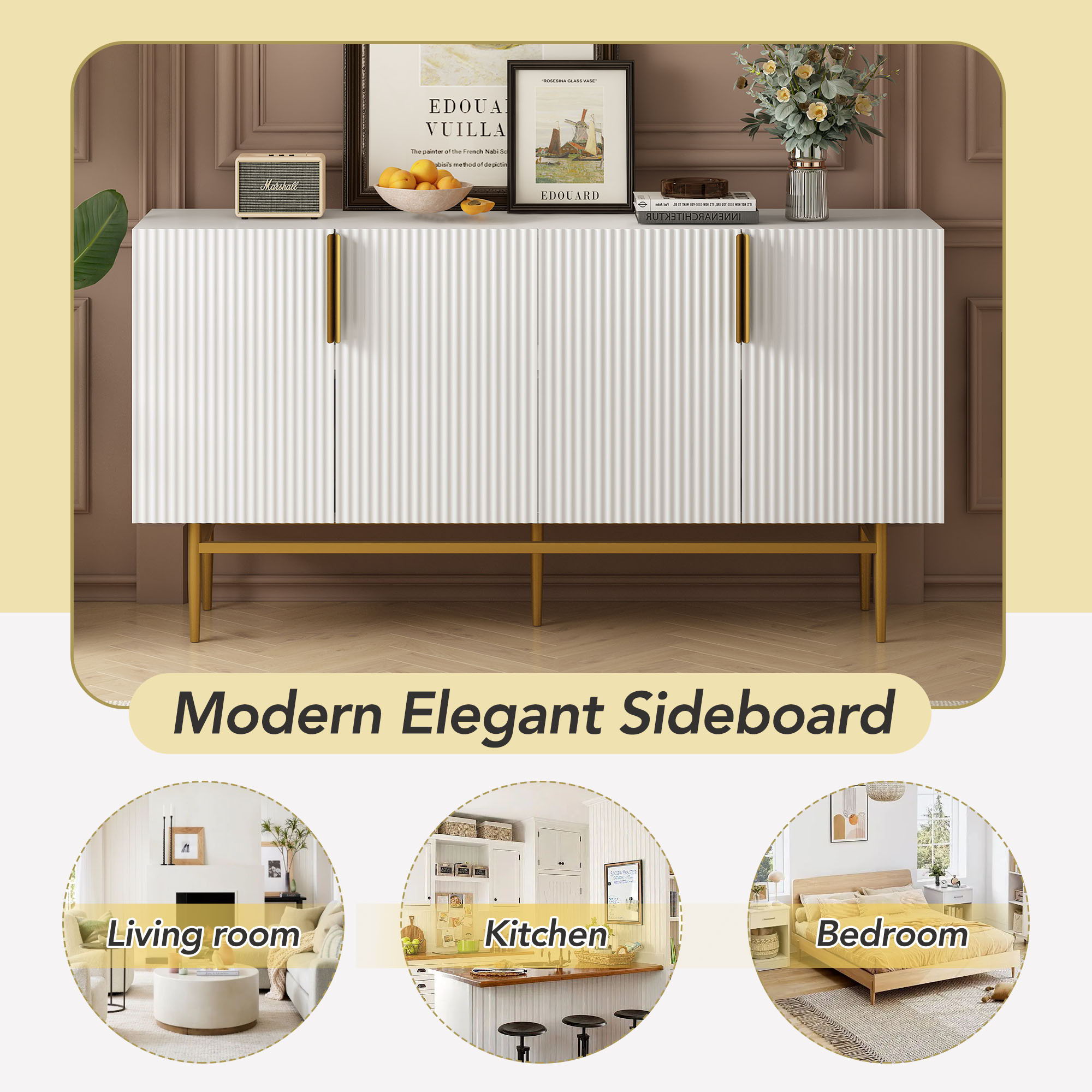 Modern Elegant 4 Door Sideboard Gold Metal Handle Buffet Cabinet For Dining Room, Living Room, Bedroom, Hallway