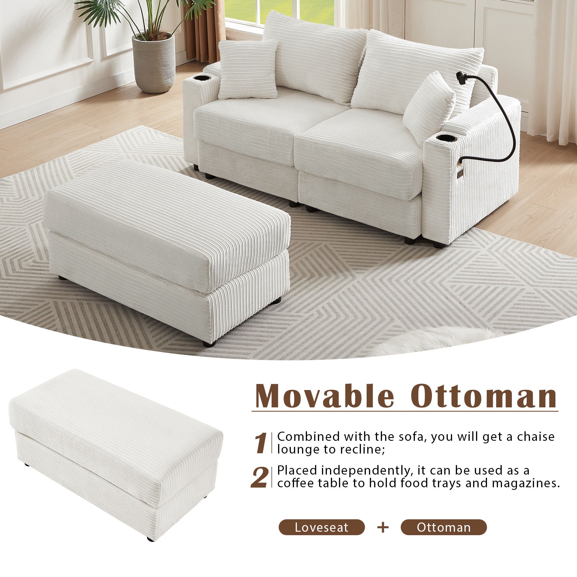 Modern Style Loveseat Sofa Sectional Sofa Couch With Storage Space, A Movable Ottoman, Two USB Ports, Two Cup Holders, A Phone Holder For Living Room