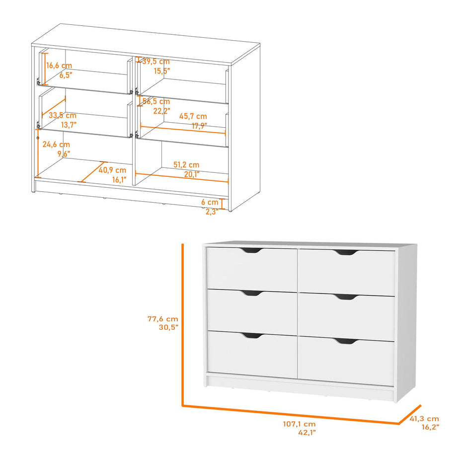 Manufactured Wood Six Drawer Modern Dresser - White