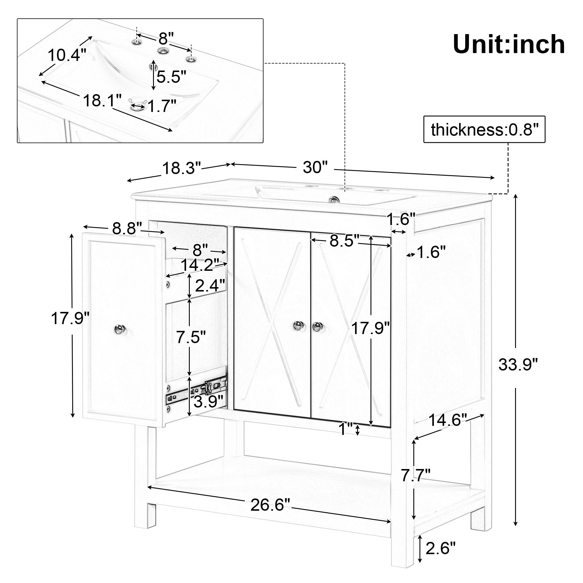 Bathroom Vanity With Sink Top, Bathroom Vanity Cabinet With Two Doors And One Drawer, MDF Boards, Solid Wood, One Package - White