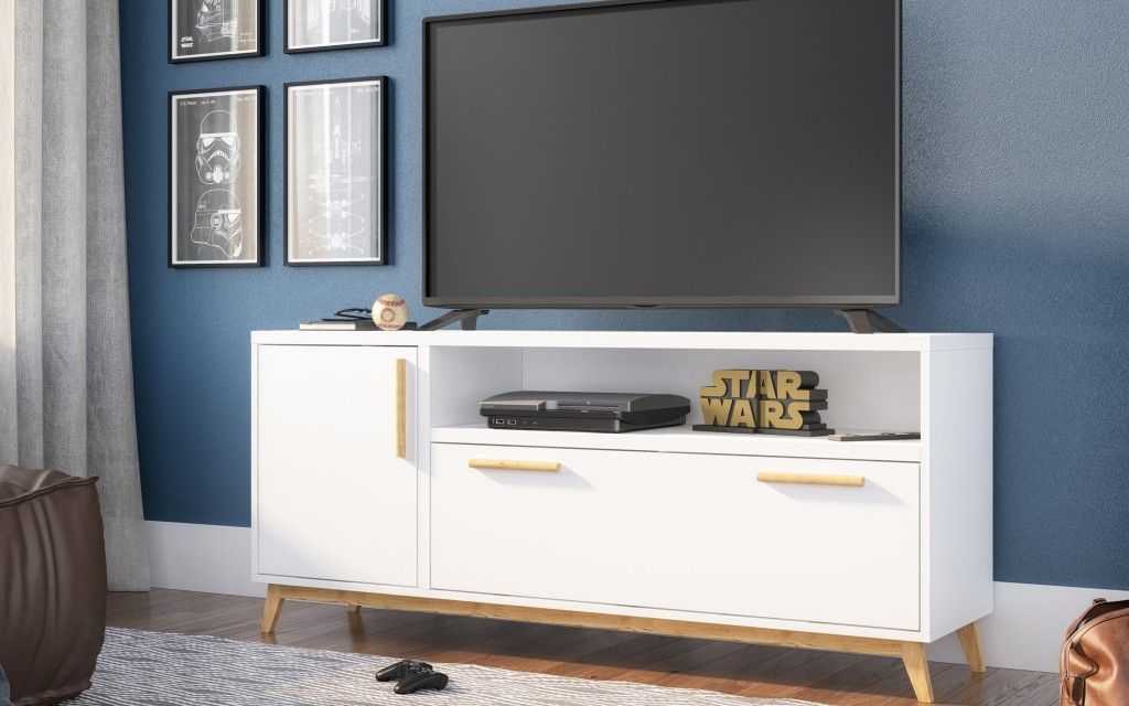 Modern Long Door TV Stand - White / Natural