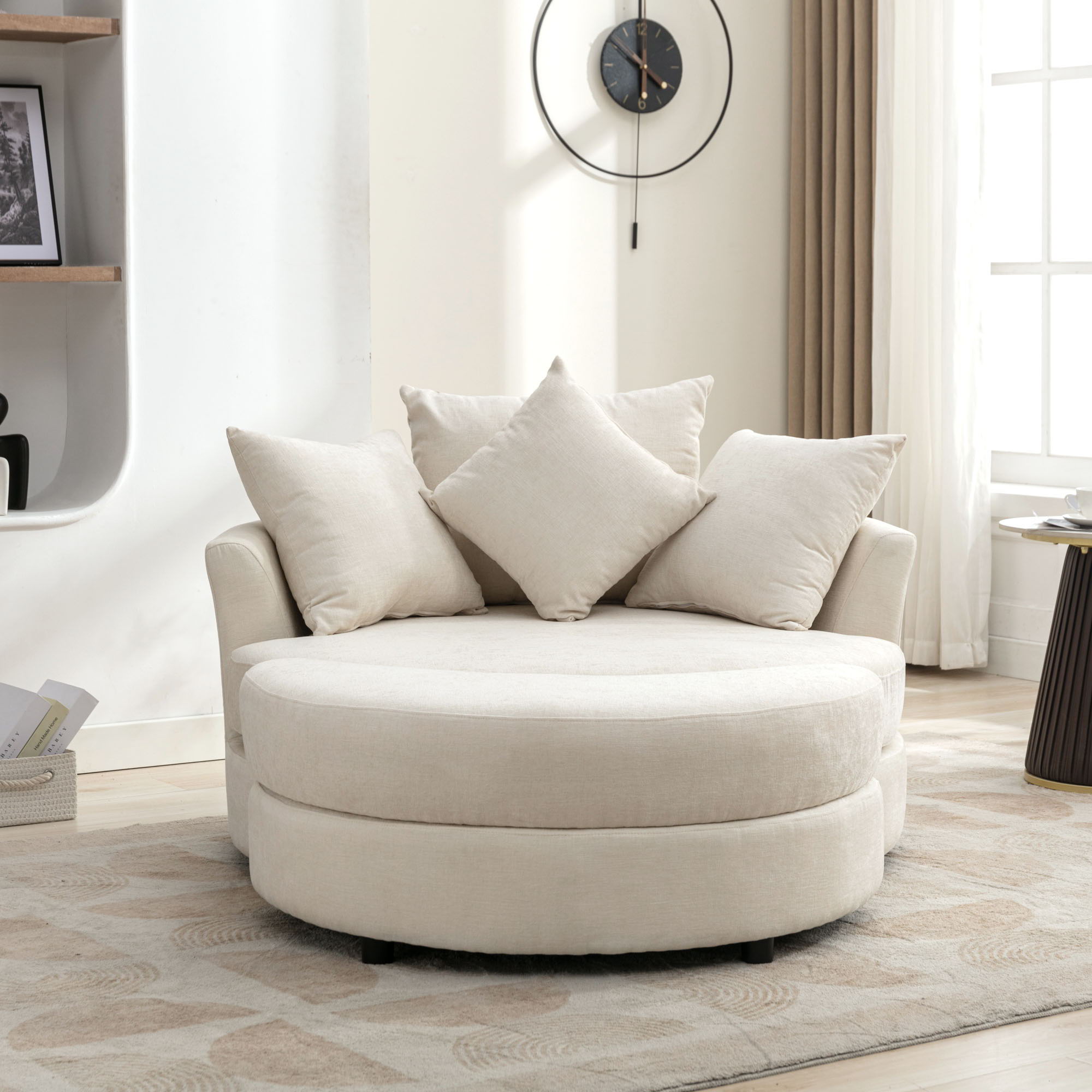 360° Swivel Accent Barrel Chair With Storage Ottoman & 4 Pillows, Modern Chenille Leisure Chair Round Accent For Living Room