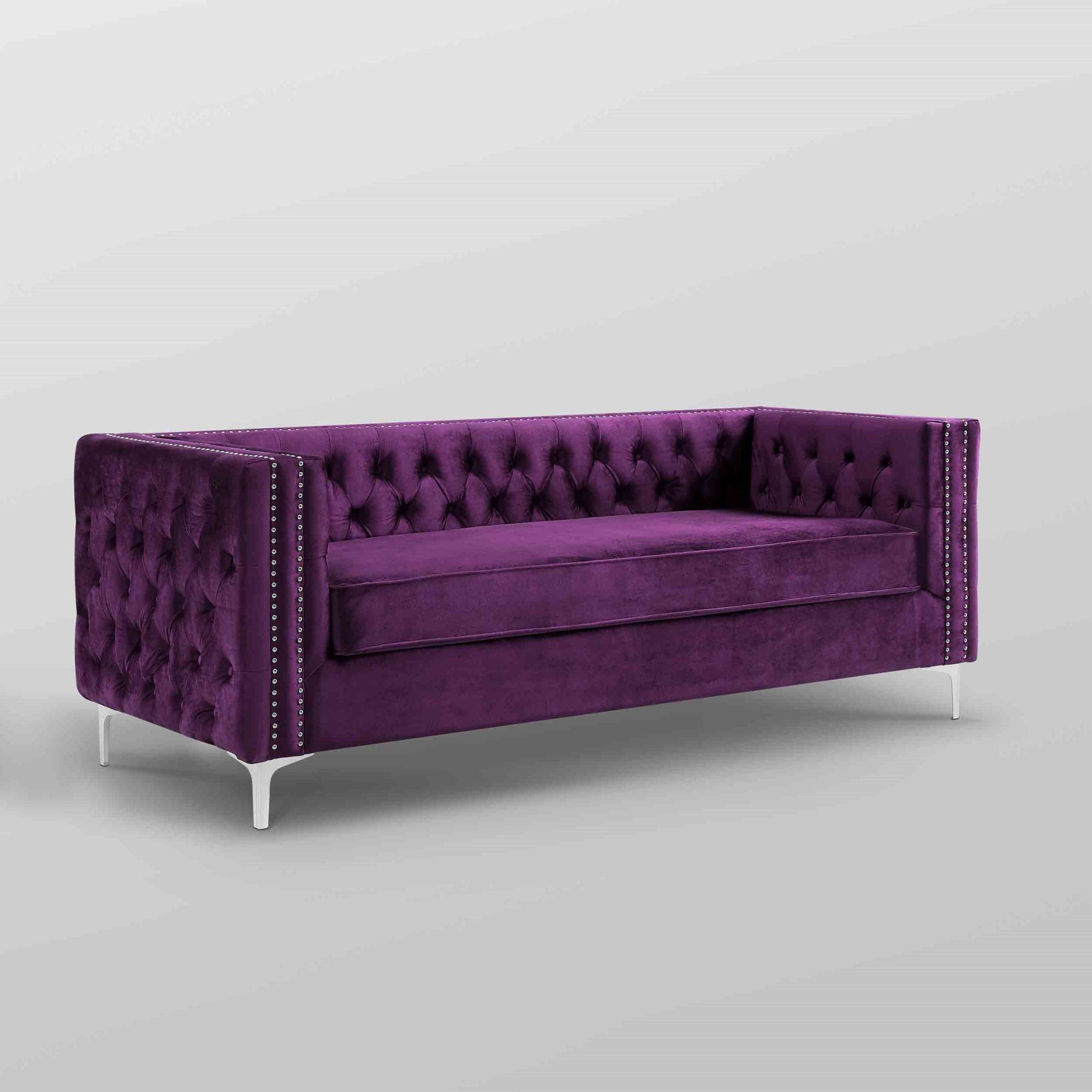 Velvet Sofa With Silver Legs - Purple