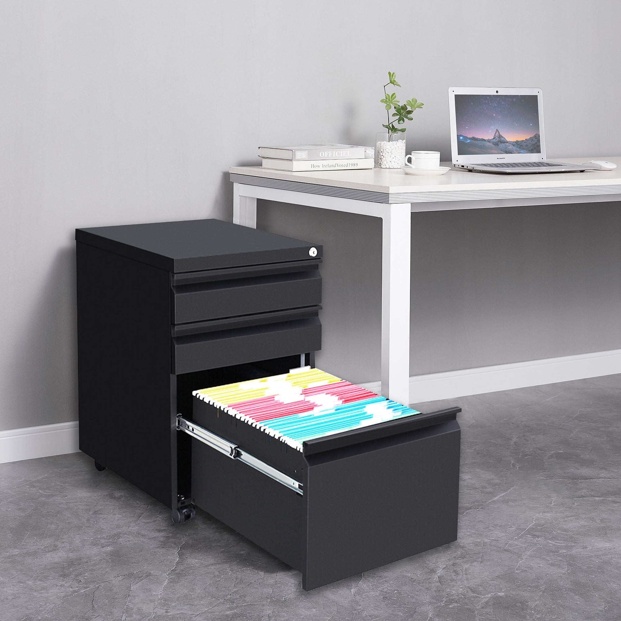 3 Drawer File Cabinet With Lock, Steel Mobile Filing Cabinet On Anti - Tilt Wheels, Rolling Locking Office Cabinets Under Desk For Legal / Letter Size