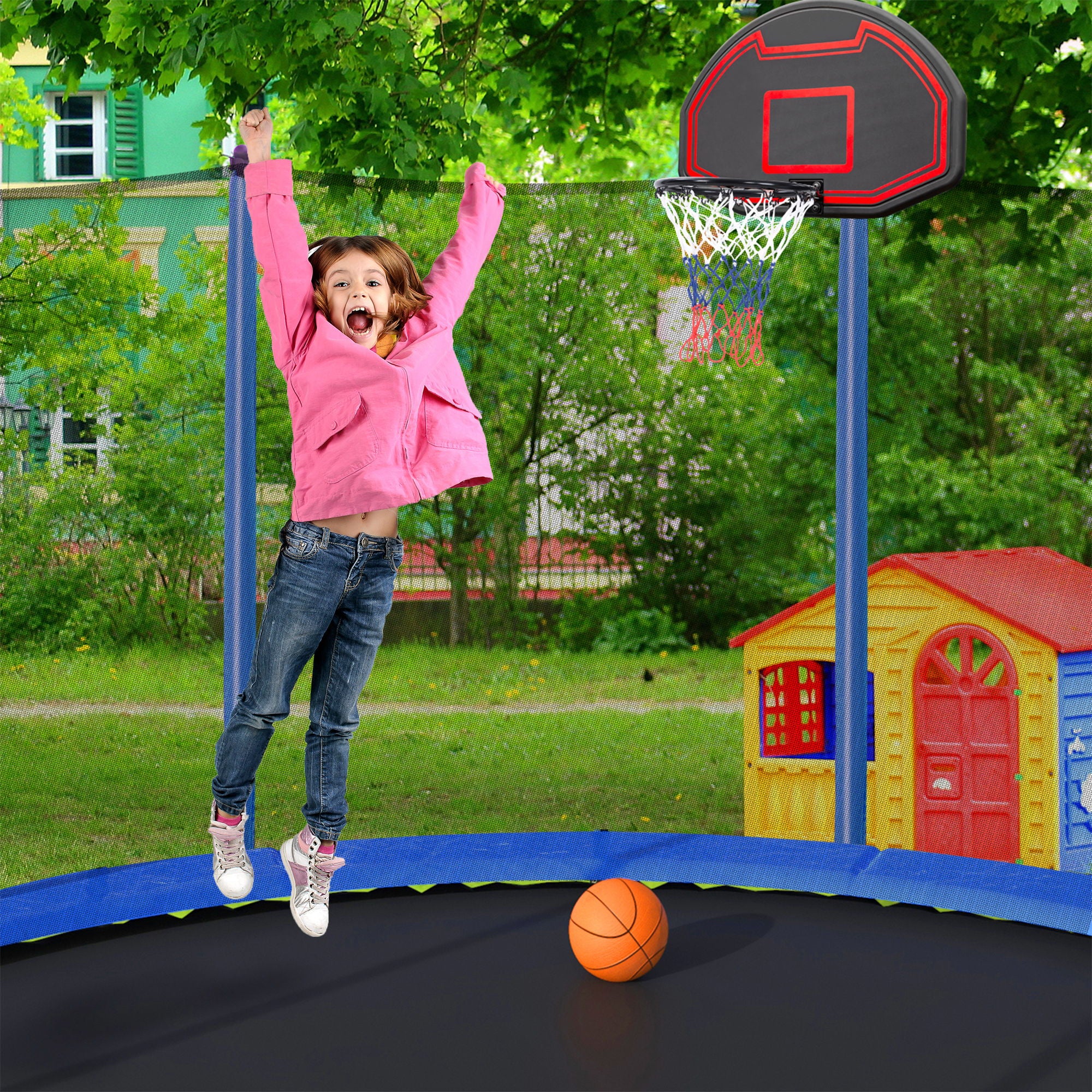 15Ft Trampoline With Basketball Hoop Inflator And Ladder (Inner Safety Enclosure)