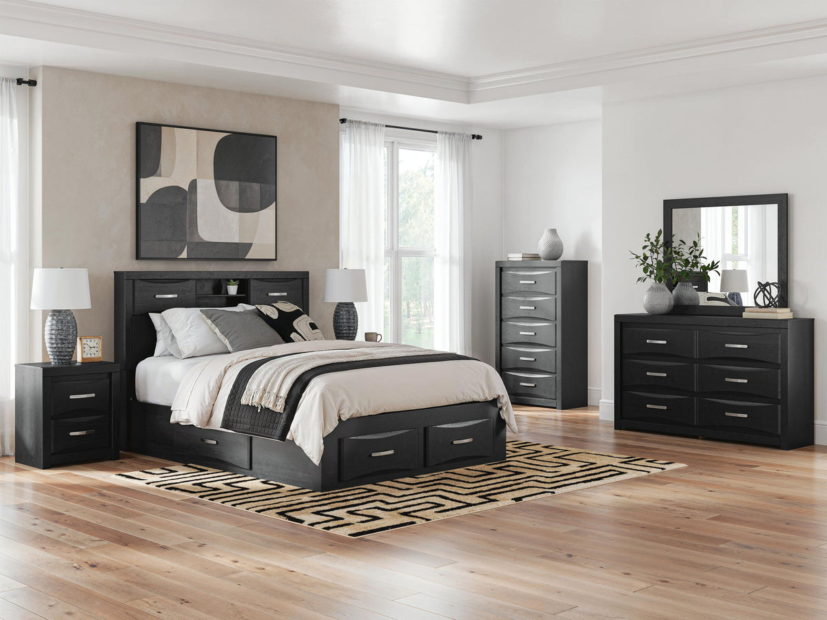 Stabotta - Queen Bookcase Bed With Storage Footboard And 2 Under Bed Storage Units - Black