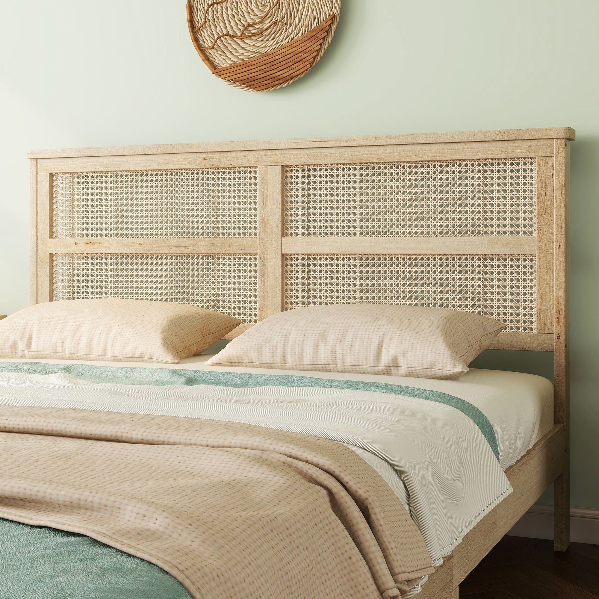 Queen Size Rubber Wooden, Solid Wooden Bed With Rattan Headboard, Enhanced By Support Feet - Natural