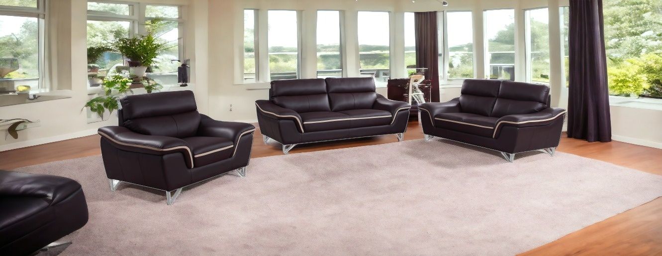 Three Piece Genuine Leather Six Person Indoor Seating Set - Brown