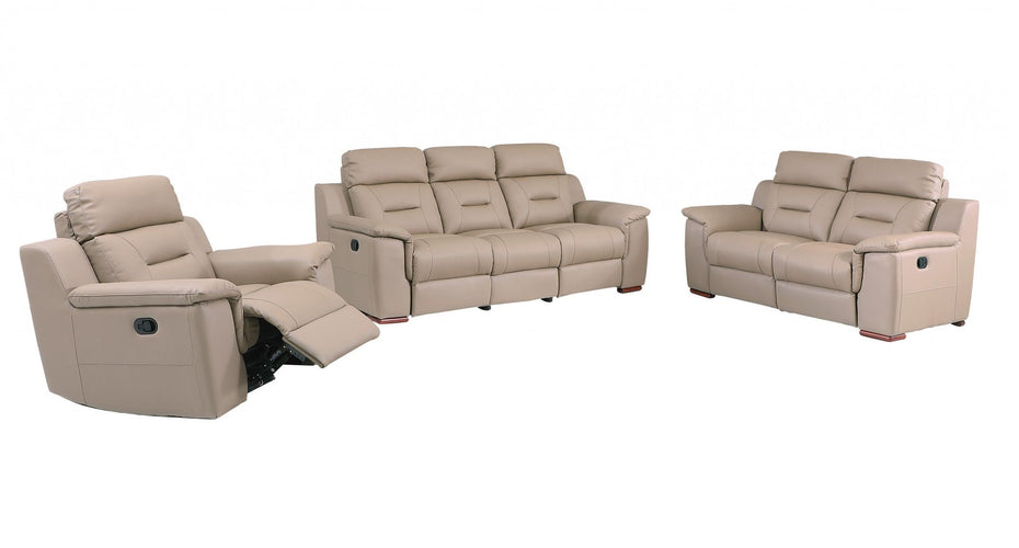 Three Piece Indoor Genuine Leather Five Person Seating Set - Beige