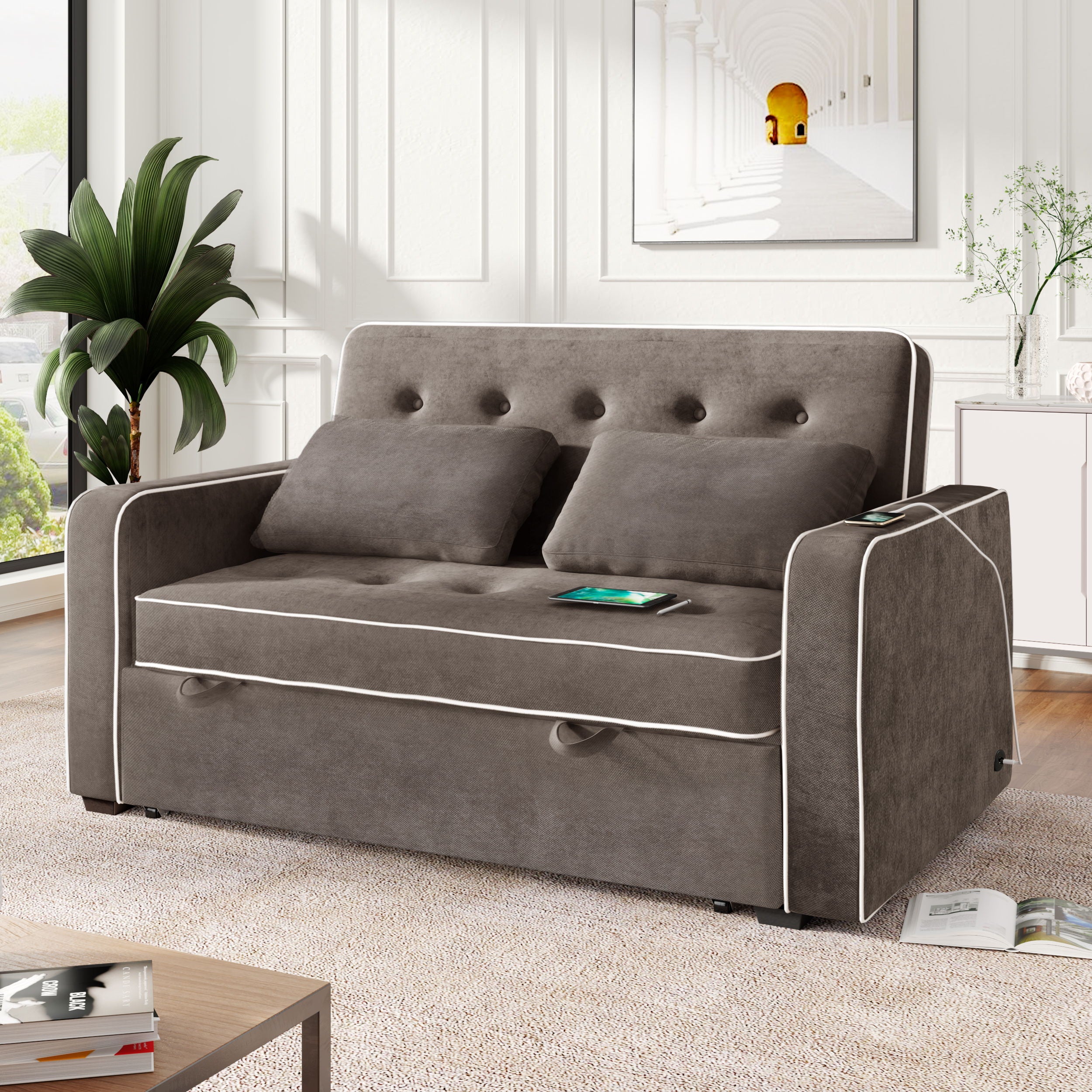 Upholstered Sleeper Bed, Pull Out Sofa Bed Couch Attached Two Throw Pillows, Dual USB Charging Port And Adjustable Backrest