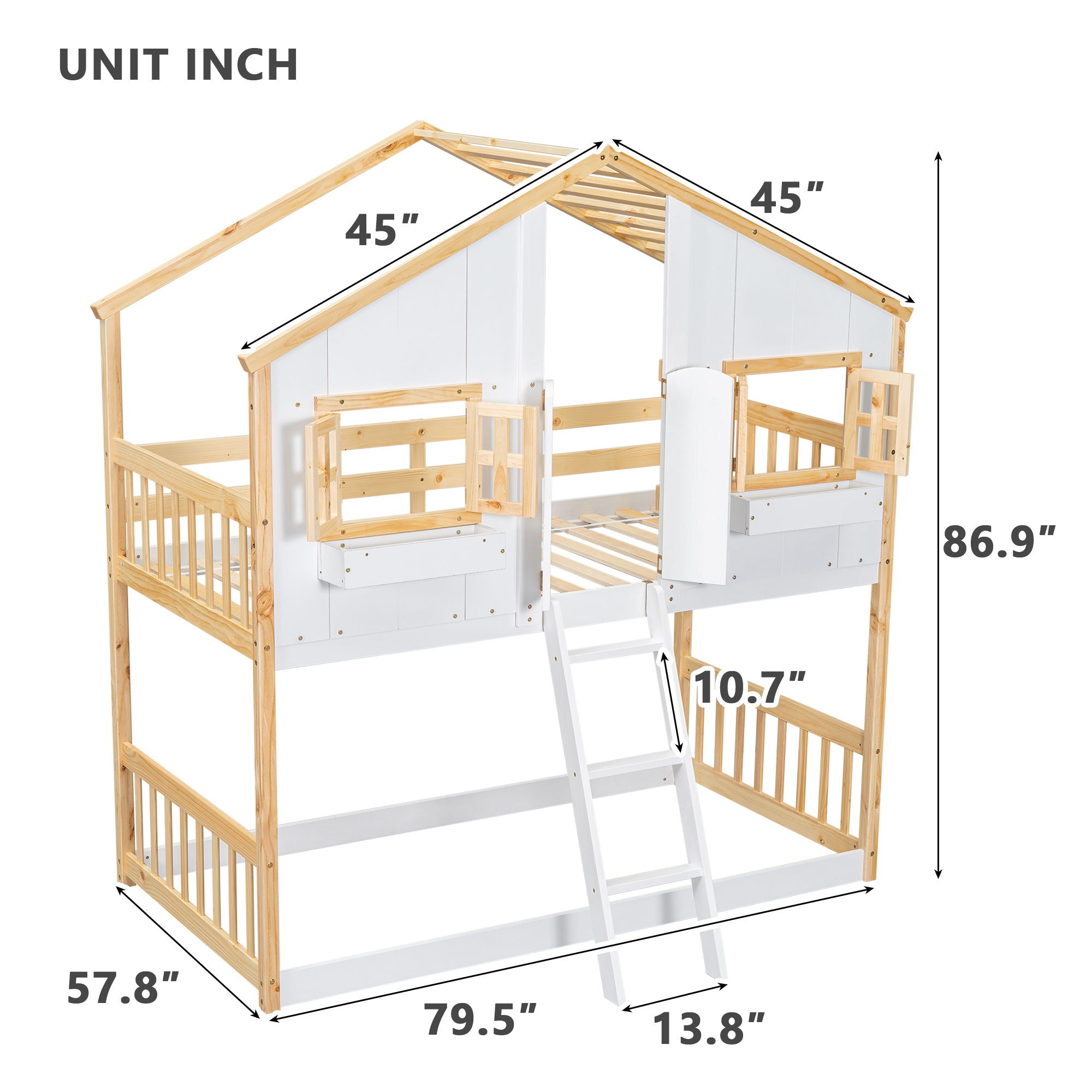 House Bunk Bed With Roof, Window, Window Box, Door, With Safety Guardrails And Ladder