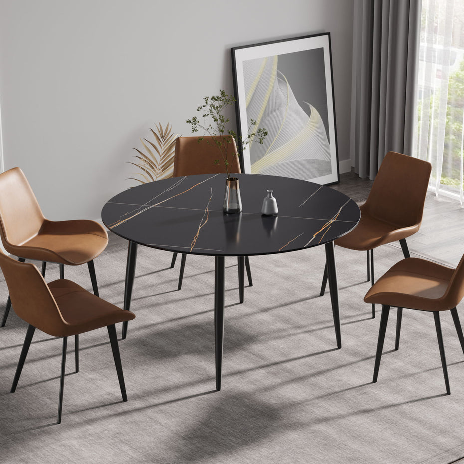 Modern Artificial Stone Round Dining Table With Metal Legs, Can Accommodate 6 People - Black