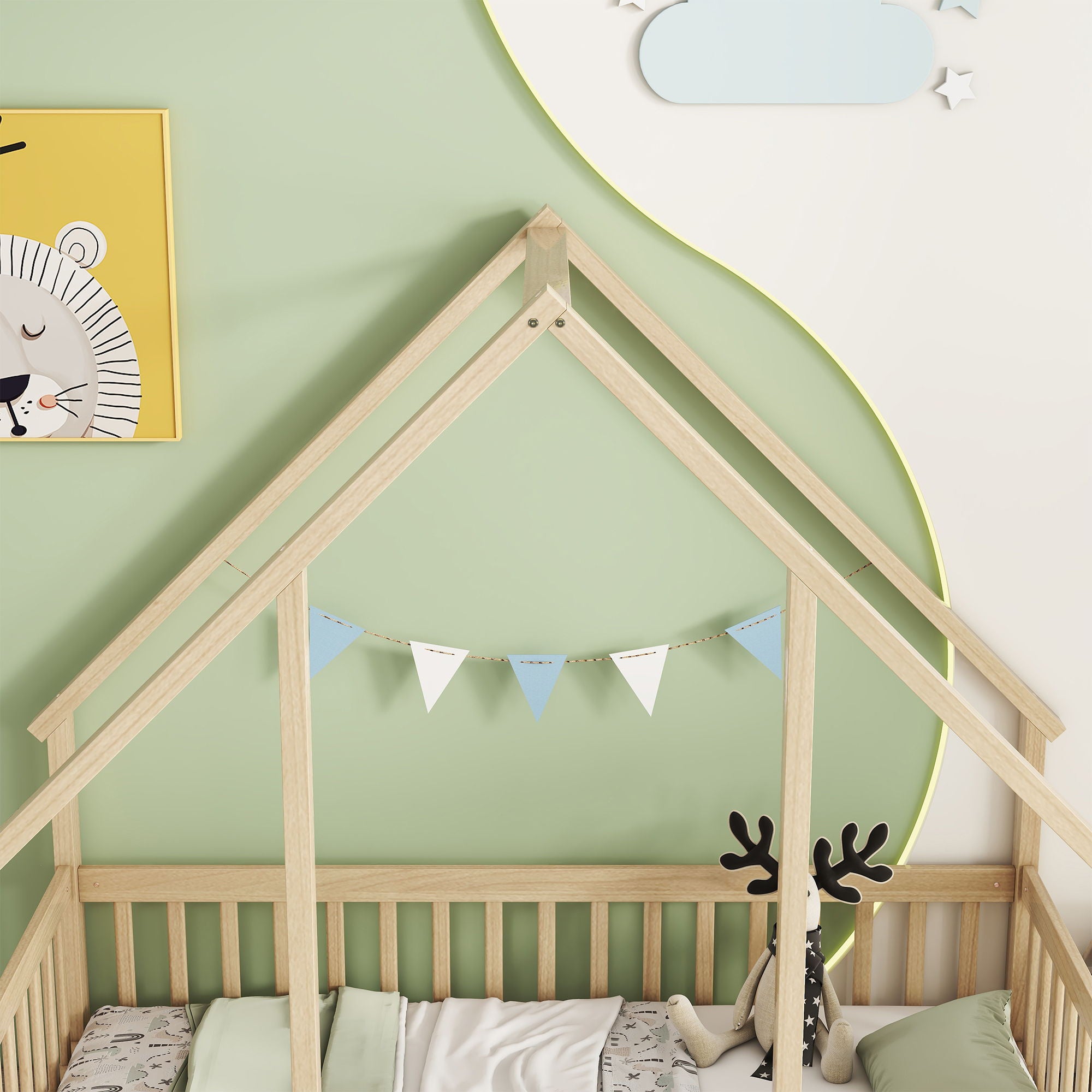 Wood House-Shaped Floor Bed With Fence, Guardrails