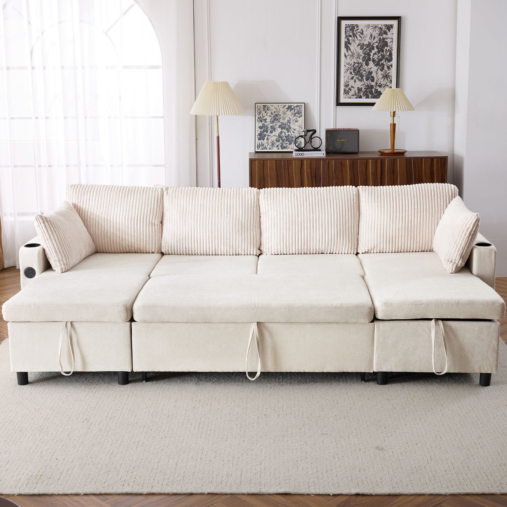 Sectional Sofa Pull Out Sofa Bed Versatile Sofa Sleeper With Large Storage Space, Two USB Ports And Two Cup Holders For Living Room