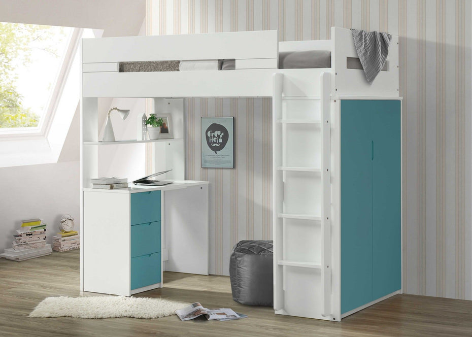 Twin Loft Bed And Desk - White / Teal