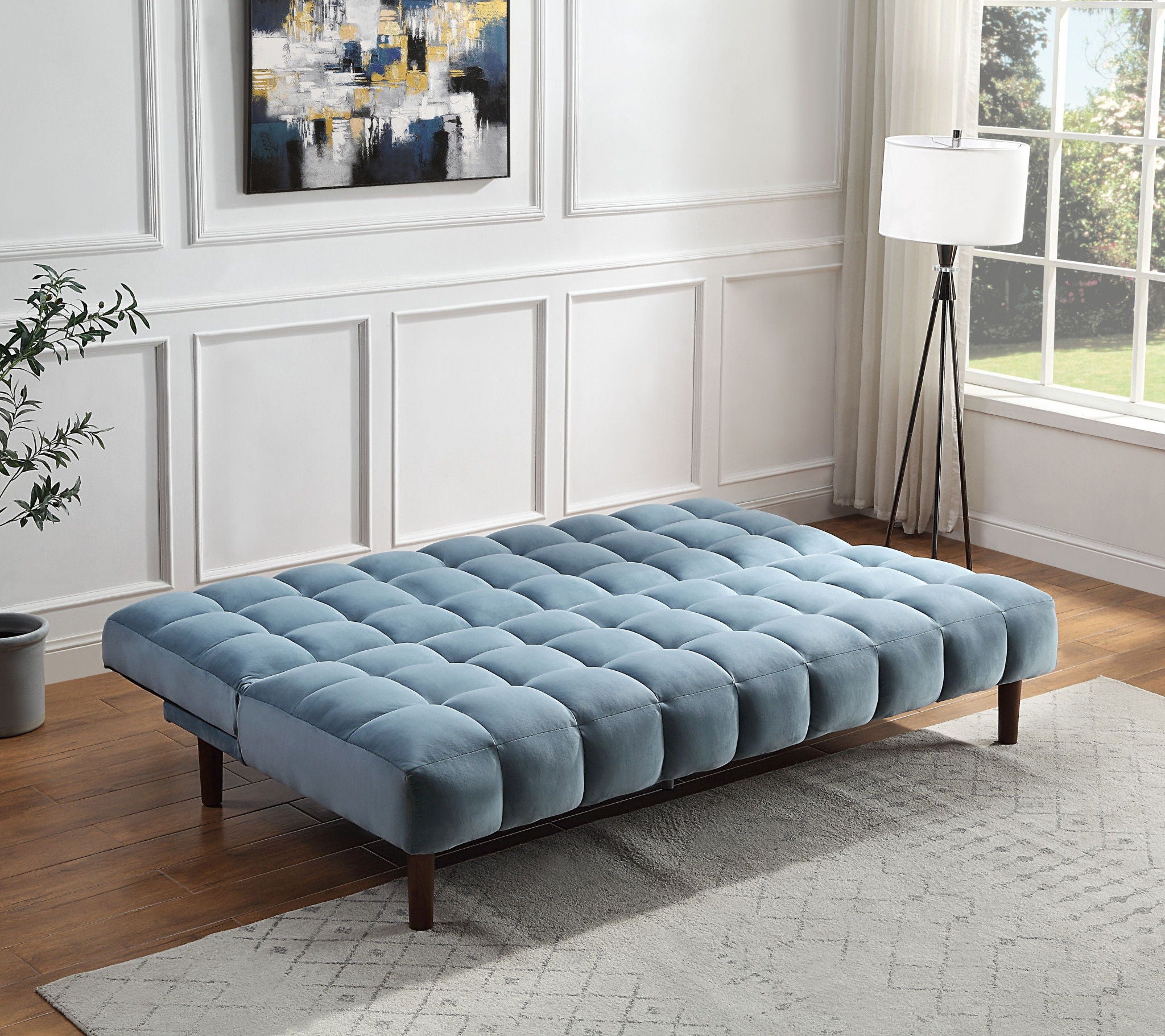 Velvet Sleeper Sofa With Wood Brown Legs - Teal Blue