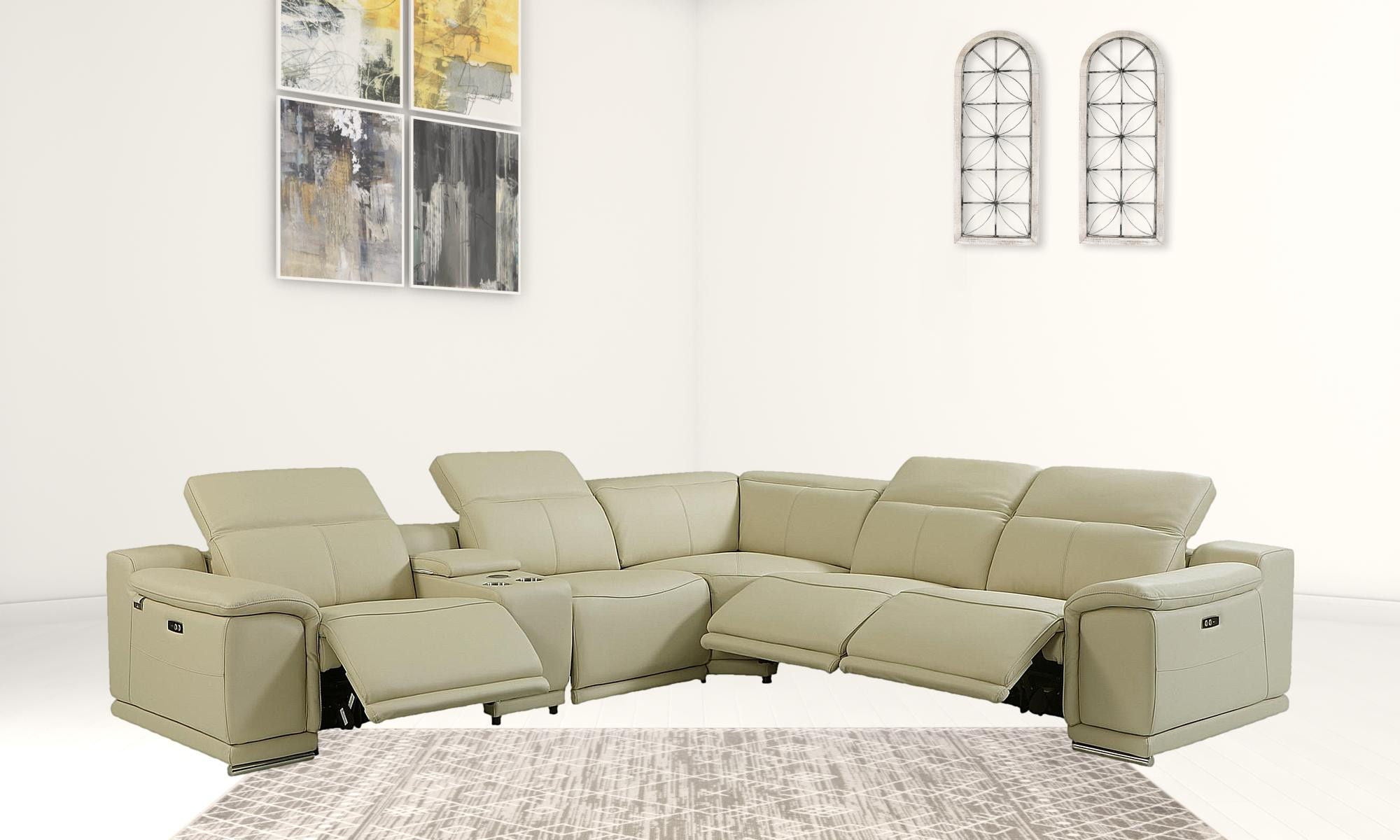 Italian Leather Power Reclining U Shaped Six Piece Corner Sectional With Console - Beige