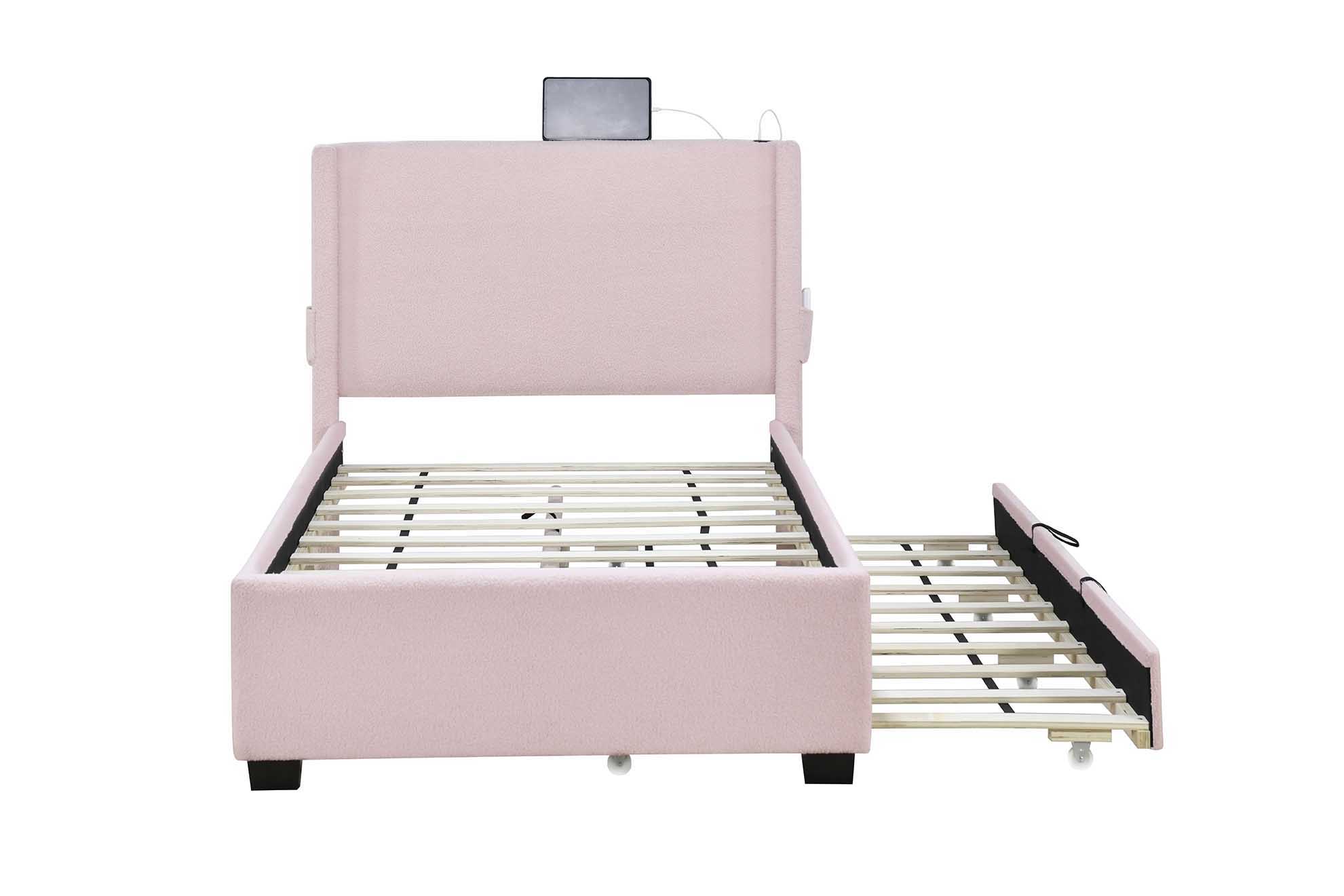 Twin Size Upholstered Bed Frame With Trundle Bed, Teddy Fabric, USB Functionality, And A Pocket Design On The Side Of The Headboard For Storing Small Items - Baby Pink