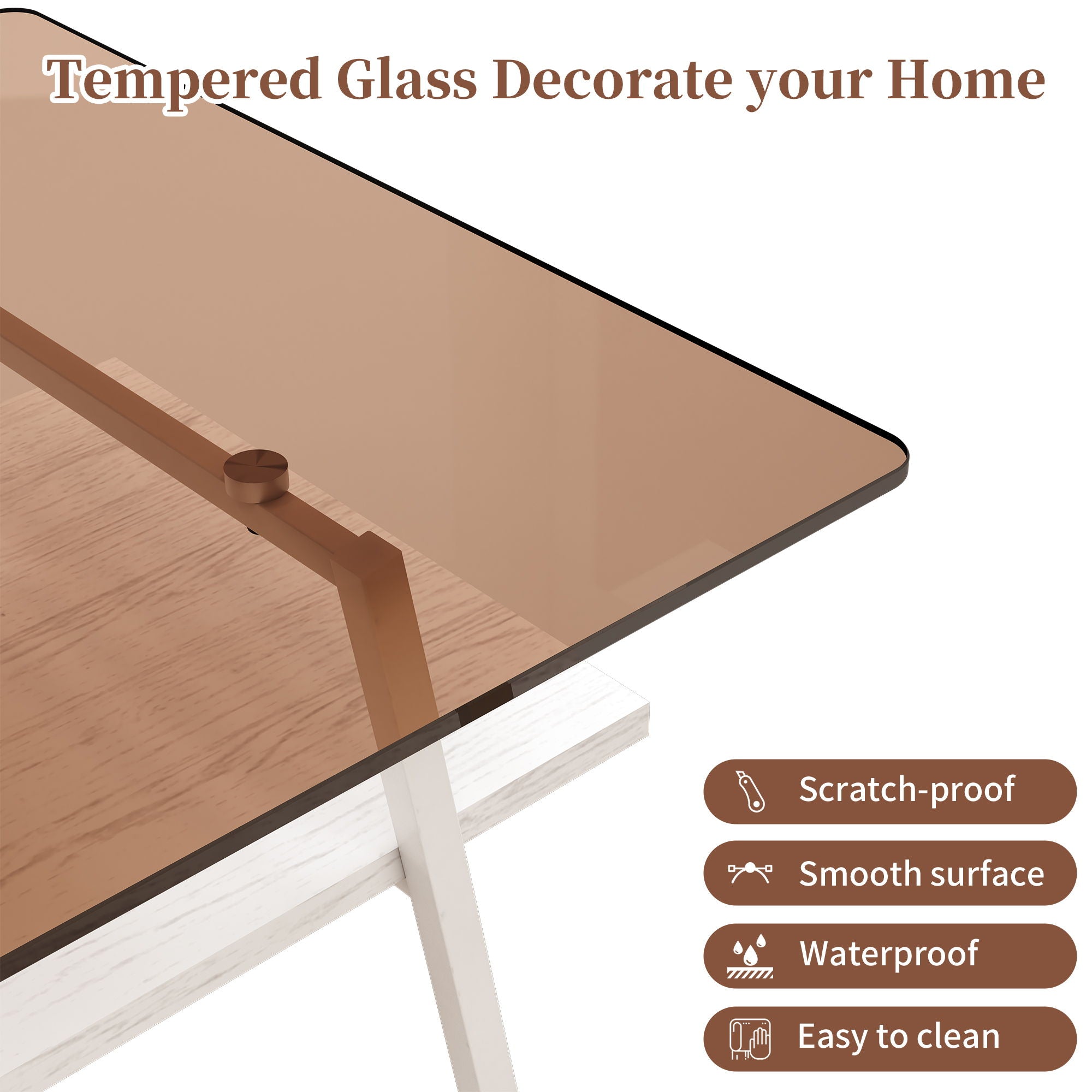 Rectangle Coffee Table, Tempered Glass Tabletop With Metal Legs, Modern Table For Living Room - Brown