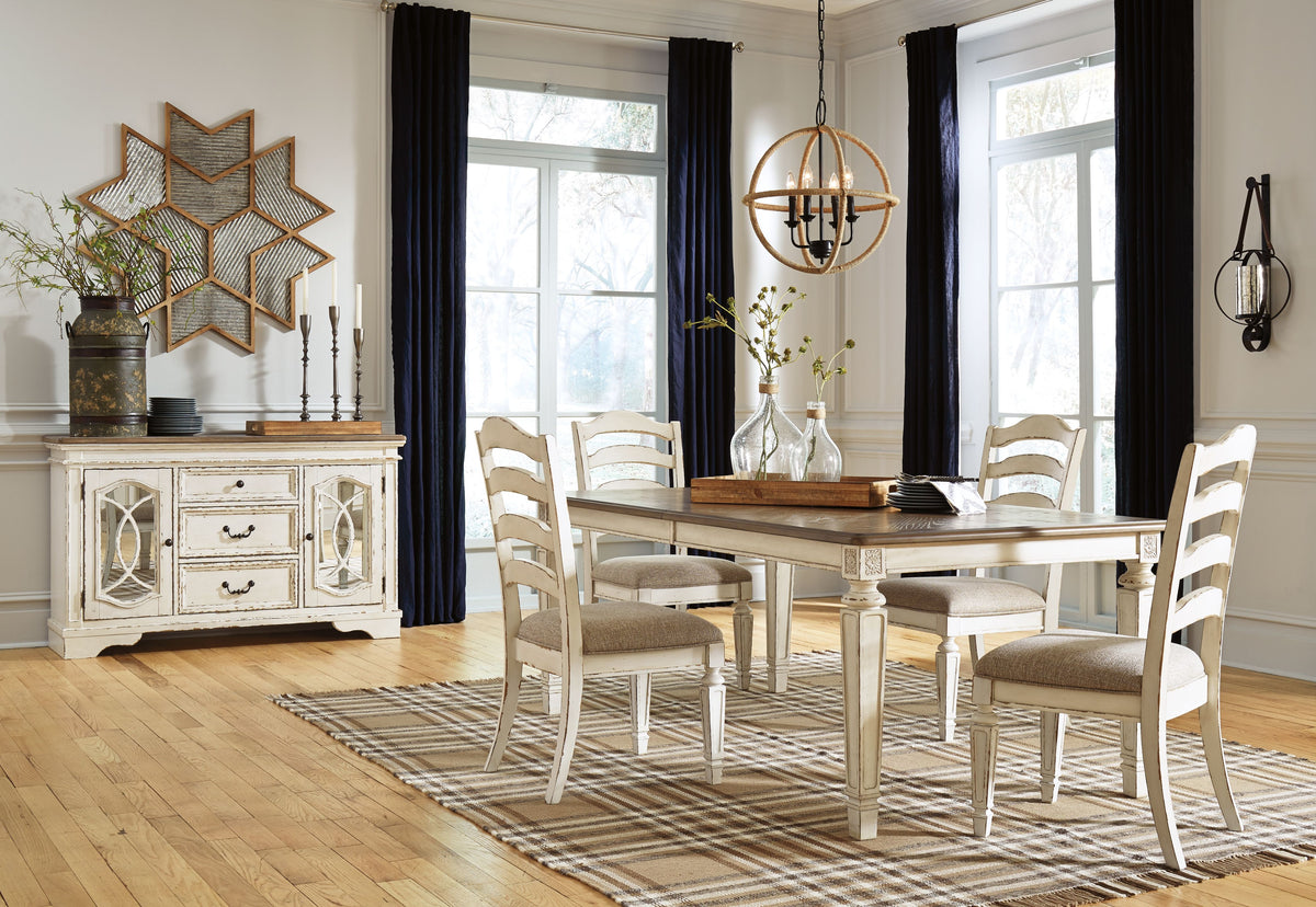 Realyn - Rectangular Dining Table Set White 6 Pc. - Rectangular Dining Room Extension Table, 4 Upholstered Side Chairs, Dining Room Server by Signature Design by Ashley® | Bel Furniture