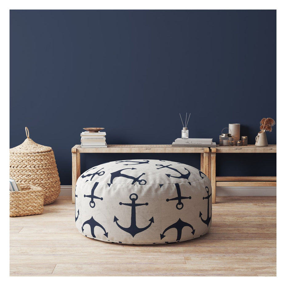 Canvas Round Anchor Pouf Ottoman - Blue / Gray