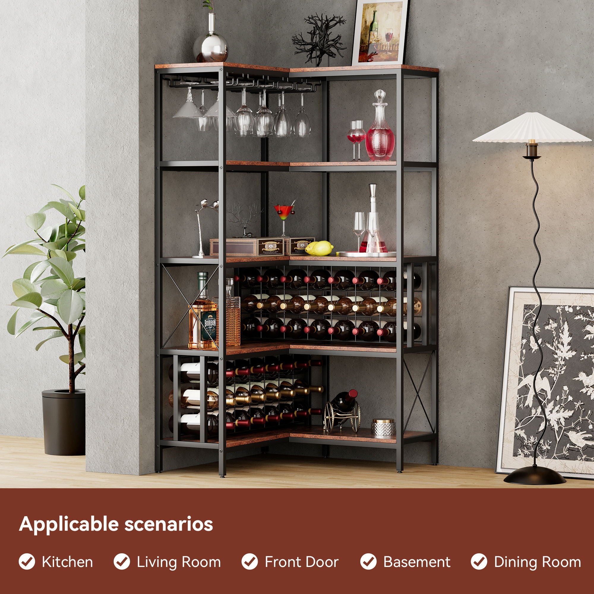 Corner Wine Rack Bar Cabinet Industrial Freestanding Floor Bar Cabinets For Liquor And Glasses Storage For Home Kitchen - Walnut / Black