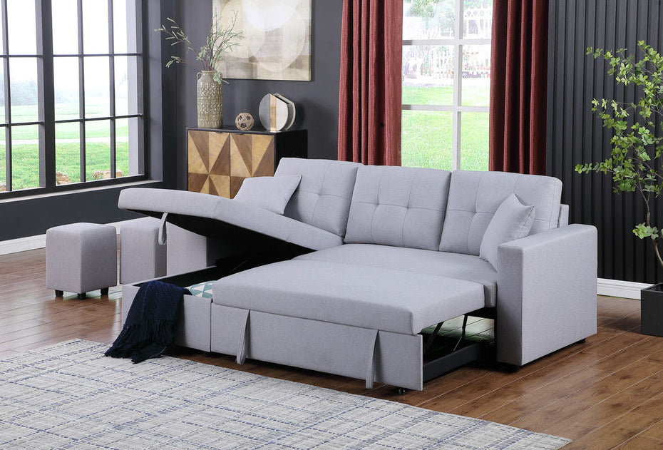 Dennis - Linen Fabric Reversible Sleeper Sectional With Storage Chaise And 2 Stools