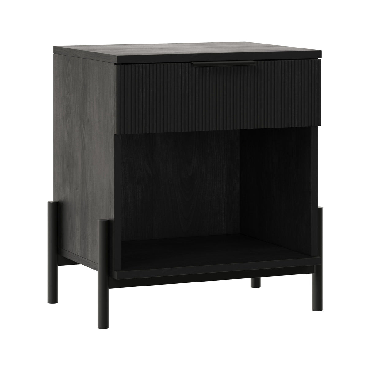 Modern Fluted Drawer Nightstand With Open Cubby Coastal Black by Walker Edison | Bel Furniture