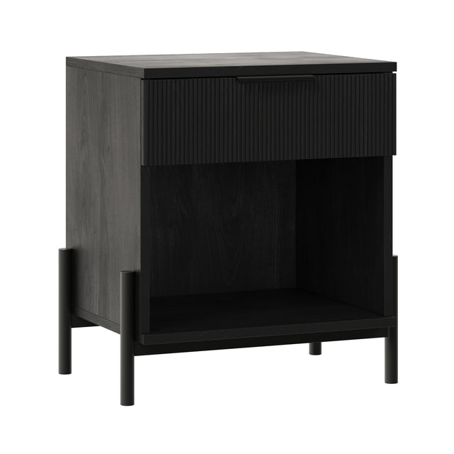 Modern Fluted Drawer Nightstand With Open Cubby Coastal Black by Walker Edison | Bel Furniture